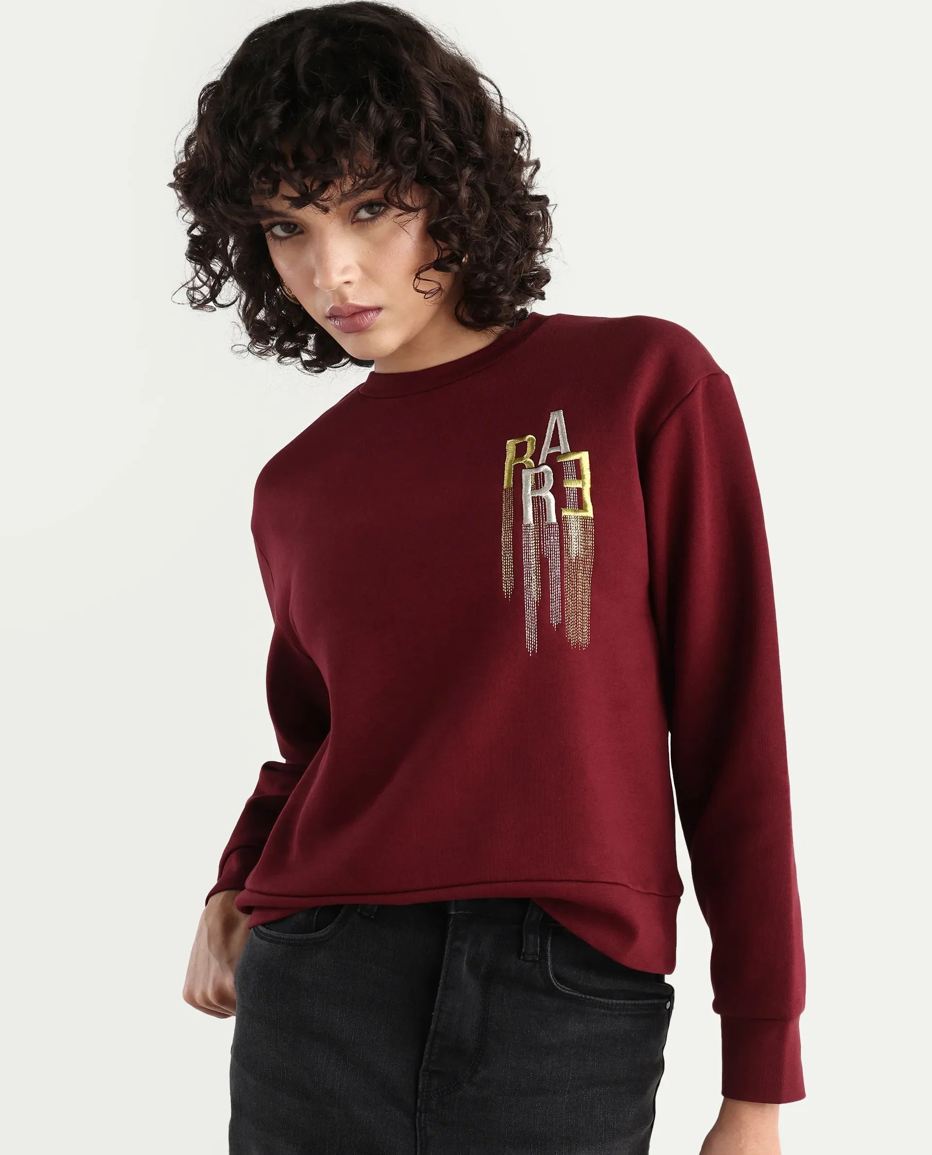 Rareism Women's Geldia Maroon Cotton Blend Crew Neck Graphic Print Relaxed Fit Sweatshirt