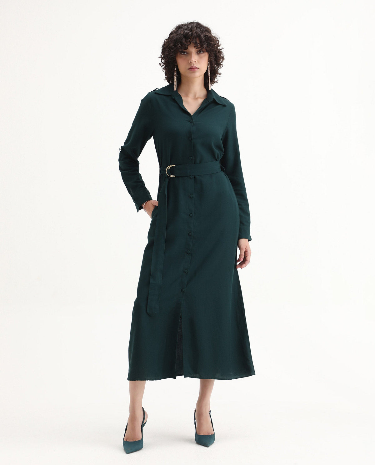 Rareism Women's Gellem Green Cotton Blend Drop Collar Plain Cuffed Sleeve Midi A-Line Dress