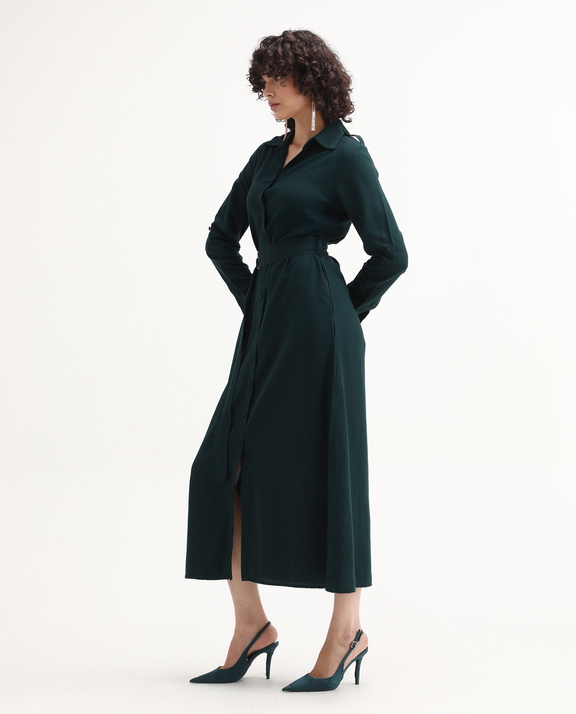 Rareism Women's Gellem Green Cotton Blend Drop Collar Plain Cuffed Sleeve Midi A-Line Dress