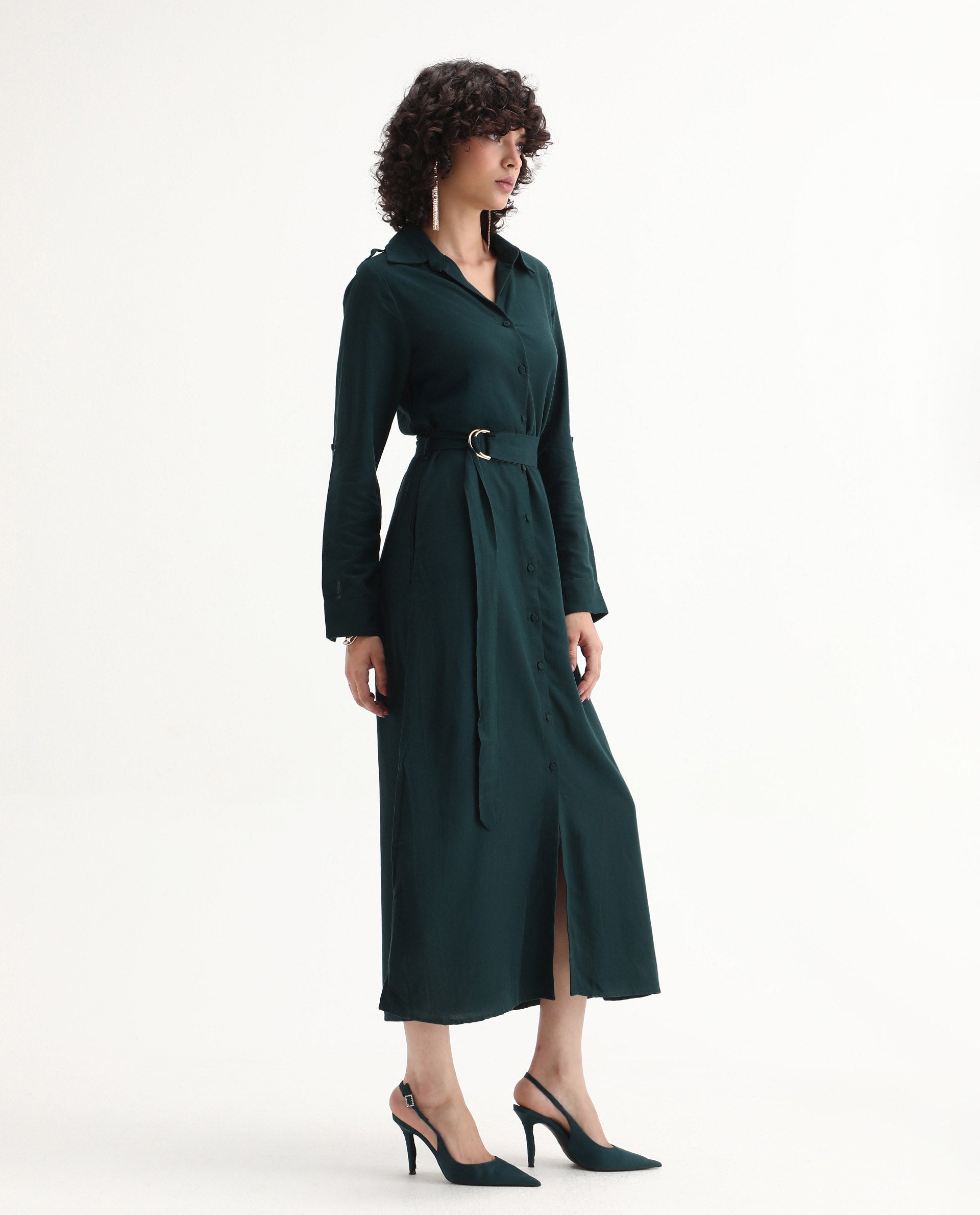 Rareism Women's Gellem Green Cotton Blend Drop Collar Plain Cuffed Sleeve Midi A-Line Dress