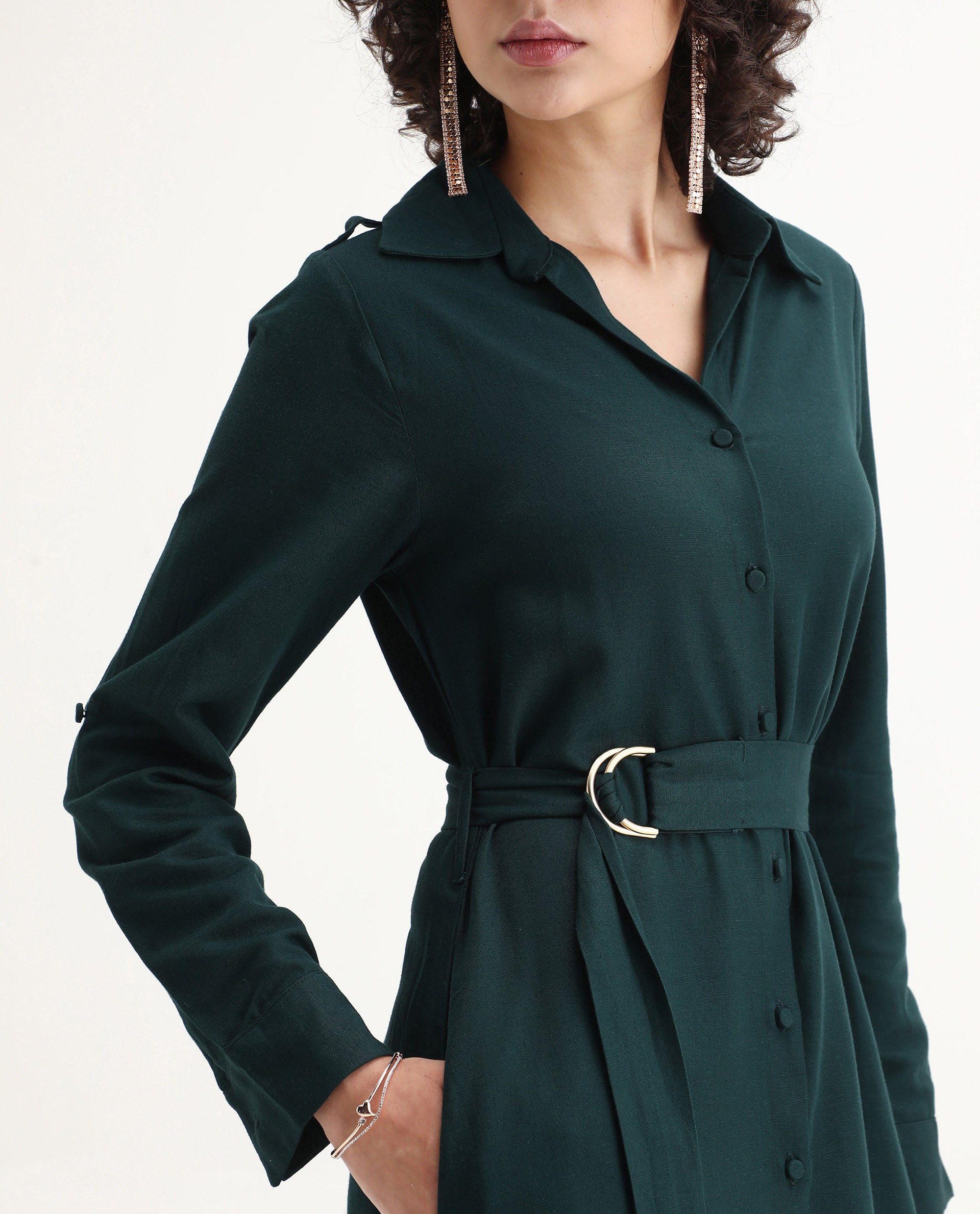 Rareism Women's Gellem Green Cotton Blend Drop Collar Plain Cuffed Sleeve Midi A-Line Dress