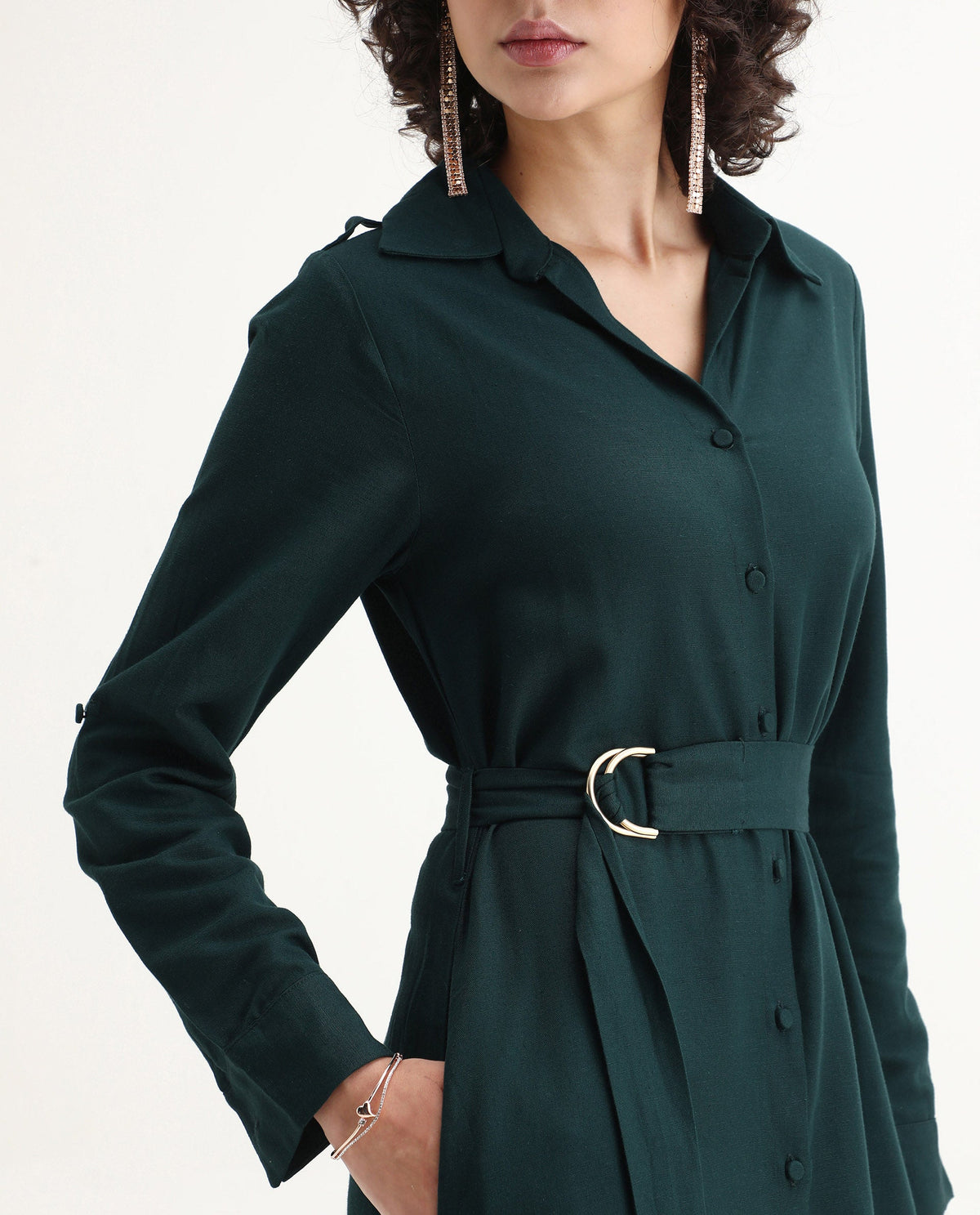Rareism Women's Gellem Green Cotton Blend Drop Collar Plain Cuffed Sleeve Midi A-Line Dress