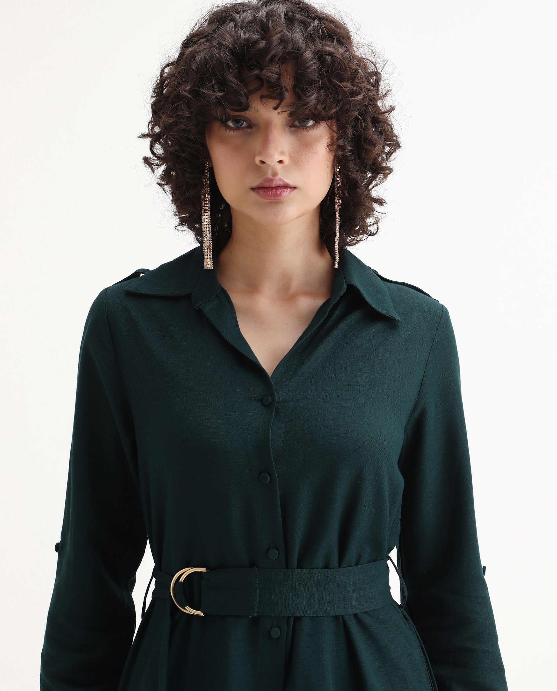 Rareism Women's Gellem Green Cotton Blend Drop Collar Plain Cuffed Sleeve Midi A-Line Dress