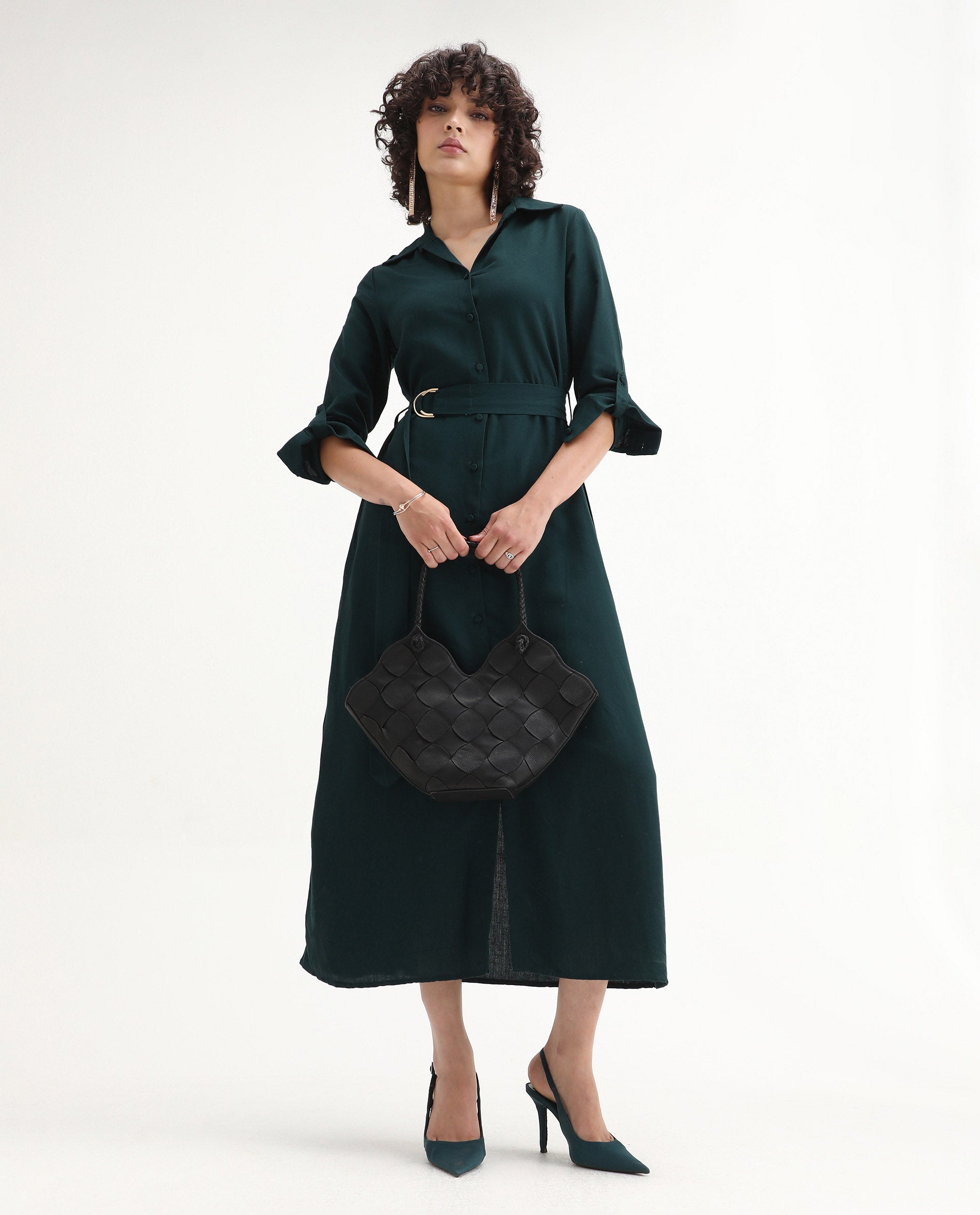 Rareism Women's Gellem Green Cotton Blend Drop Collar Plain Cuffed Sleeve Midi A-Line Dress