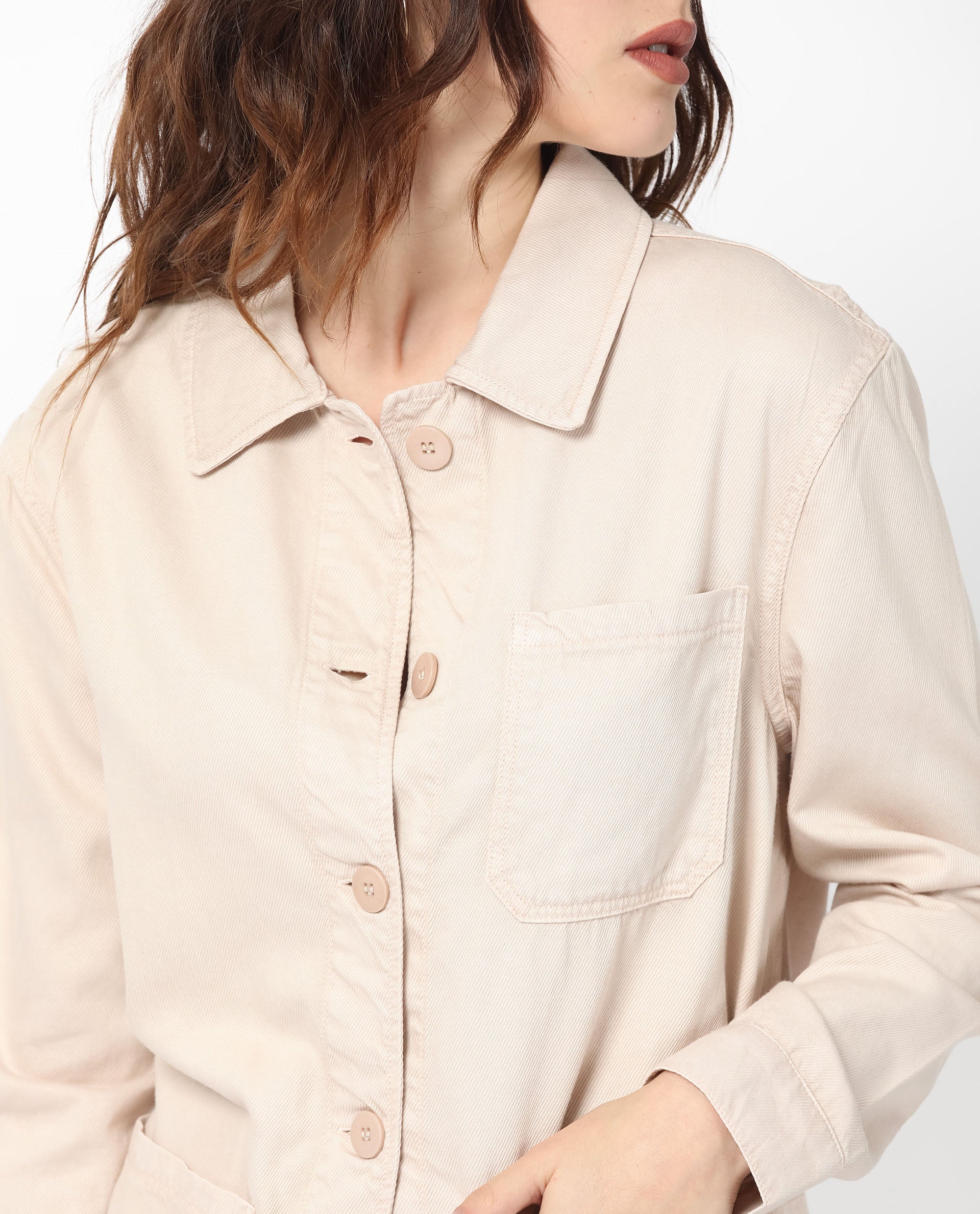 Rareism Women Genesis Beige Tencel Fabric Full Sleeves Solid Shirt Collar Jacket