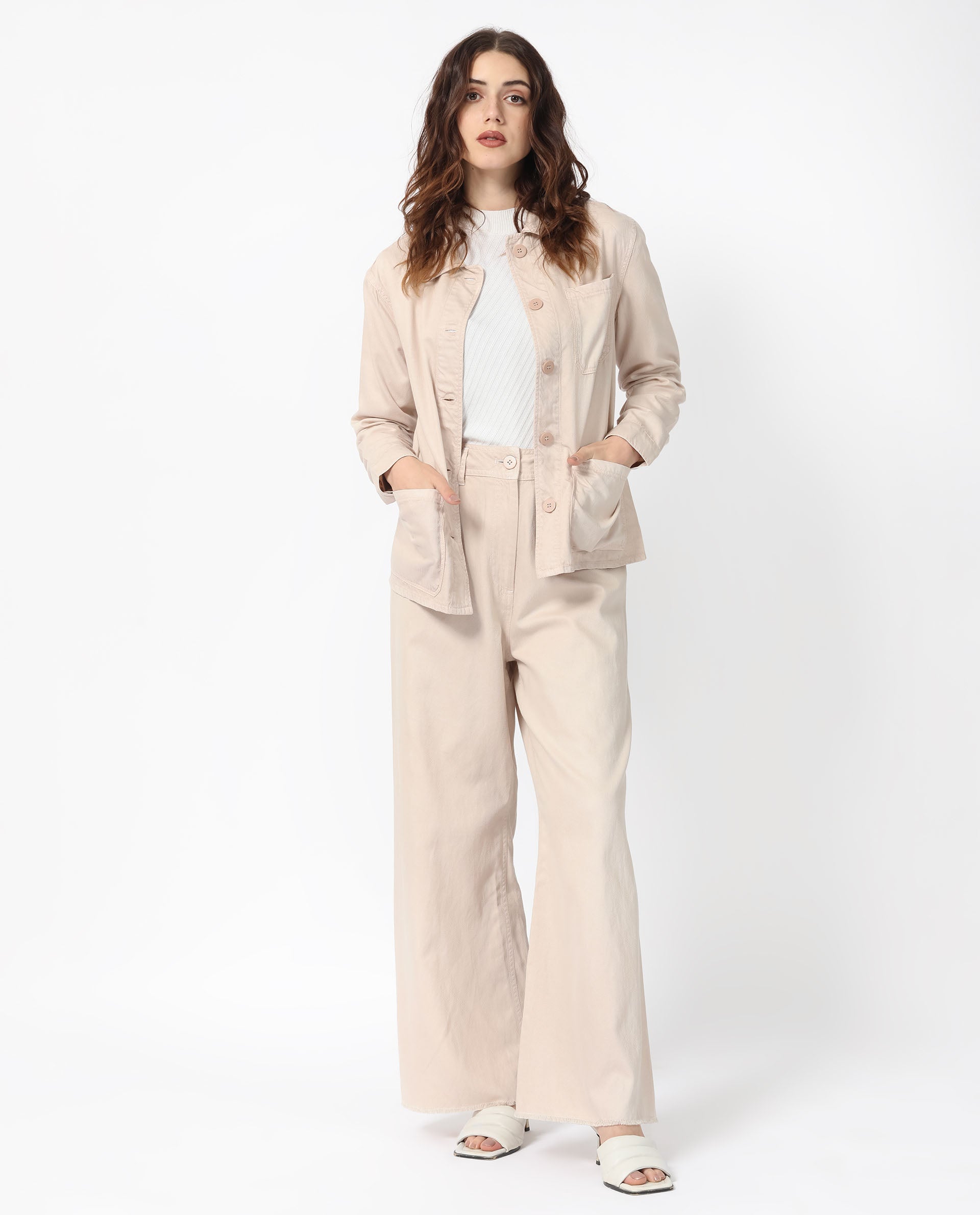 Rareism Women Genesis Beige Tencel Fabric Full Sleeves Solid Shirt Collar Jacket