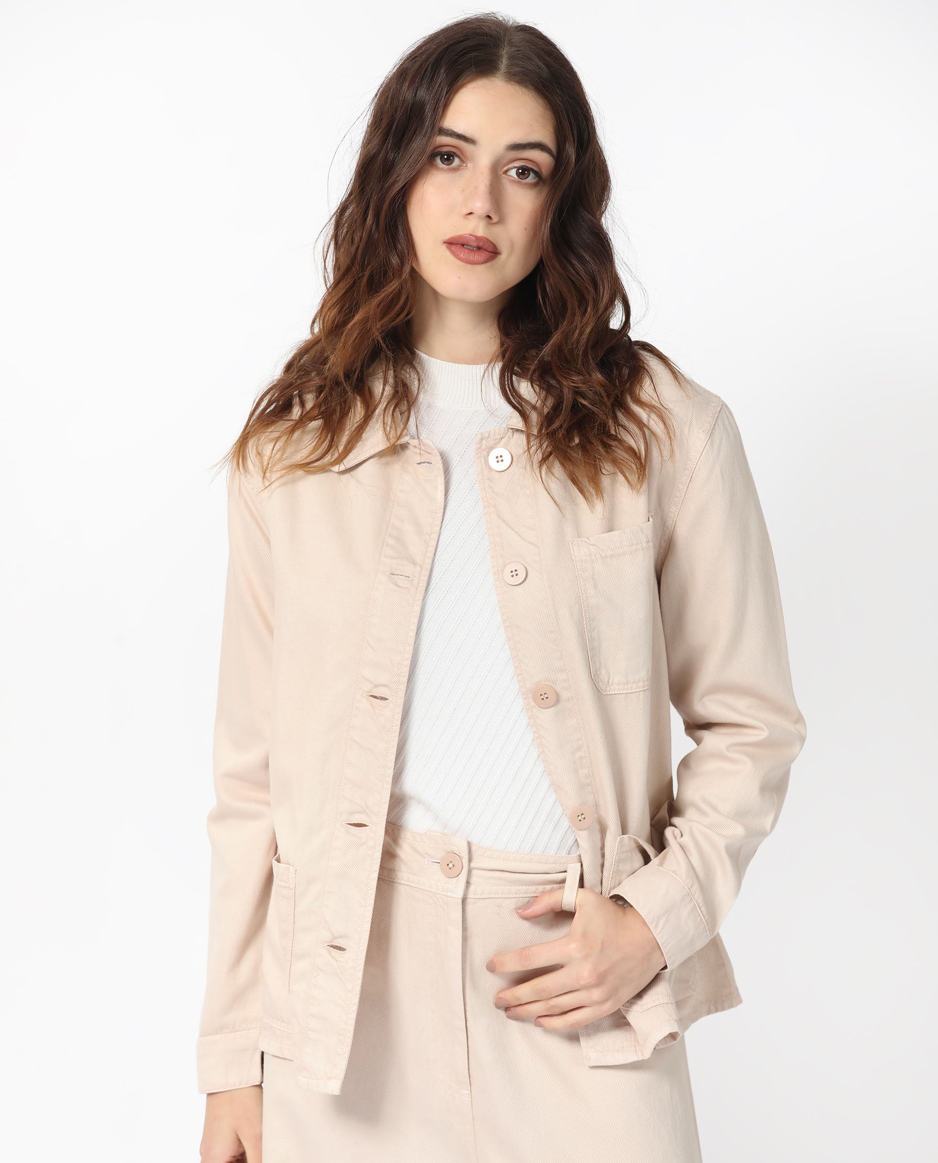 Rareism Women's Genesis Beige Tencel Spread Collar Plain Regular Fit Jacket
