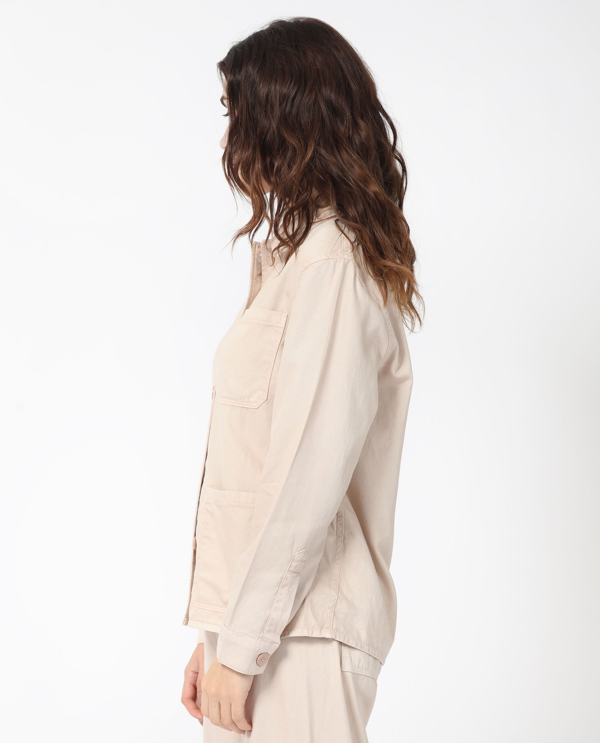 Rareism Women Genesis Beige Tencel Fabric Full Sleeves Solid Shirt Collar Jacket