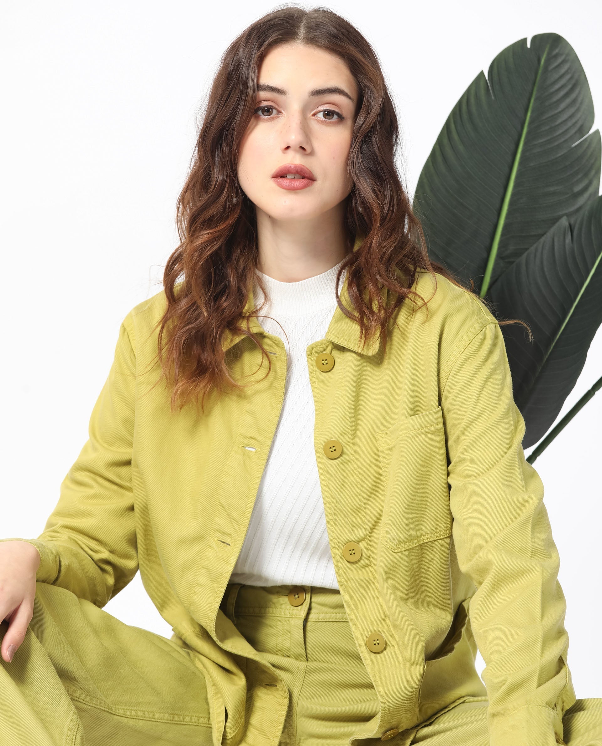 Rareism Women Genesis Flouroscent Green Tencel Fabric Full Sleeves Solid Shirt Collar Jacket