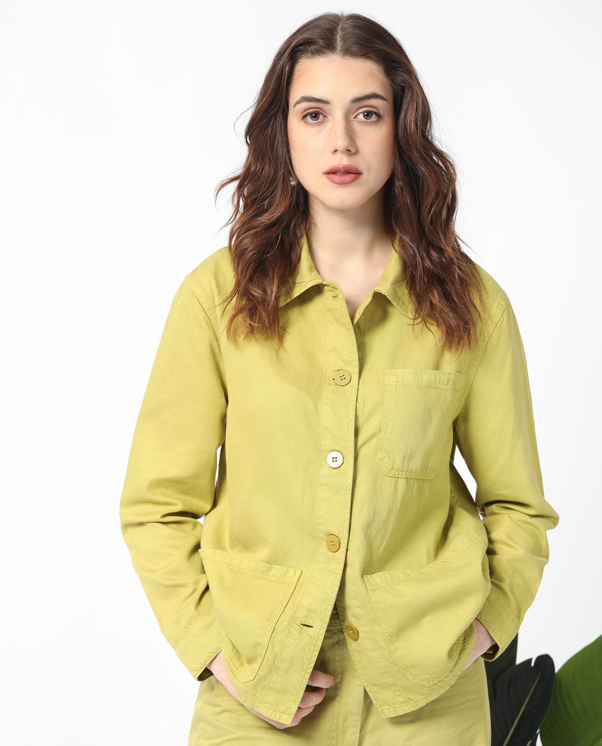 Rareism Women Genesis Flouroscent Green Tencel Fabric Full Sleeves Solid Shirt Collar Jacket