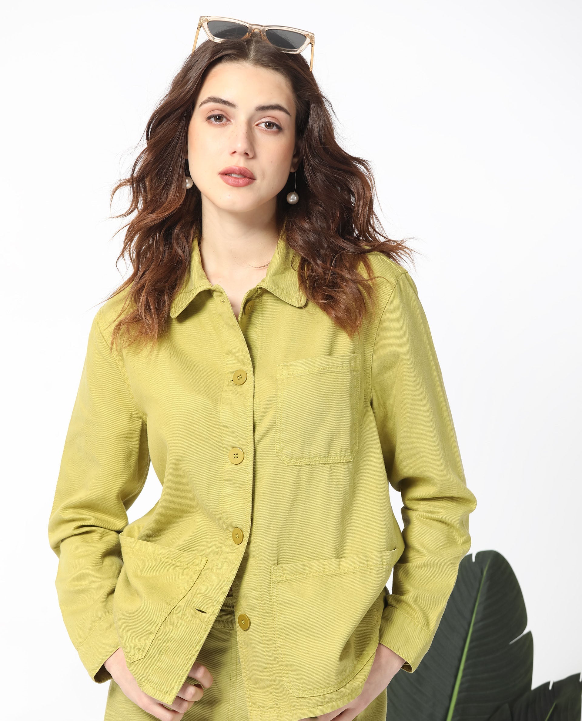 Rareism Women Genesis Flouroscent Green Tencel Fabric Full Sleeves Solid Shirt Collar Jacket