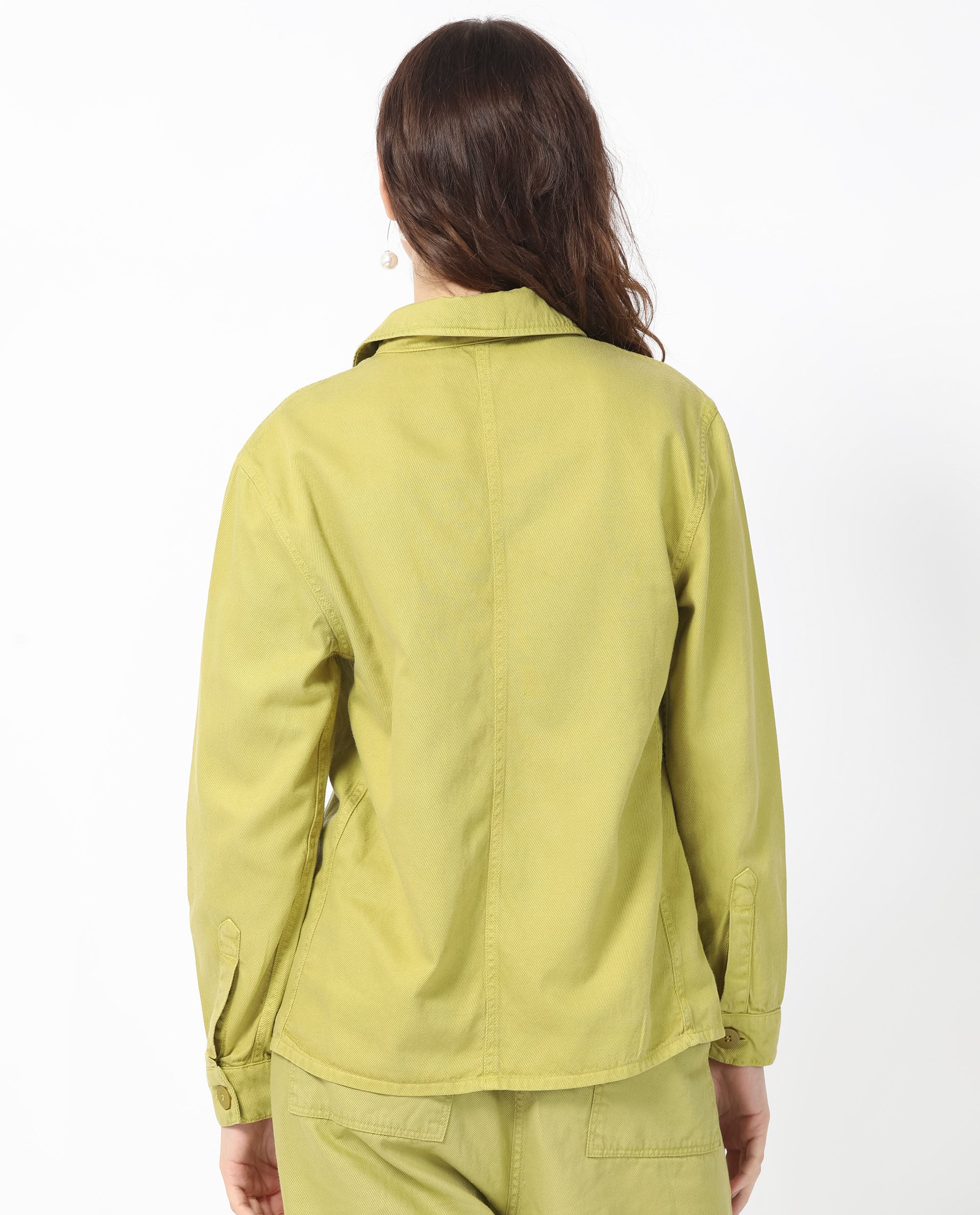 Rareism Women Genesis Flouroscent Green Tencel Fabric Full Sleeves Solid Shirt Collar Jacket