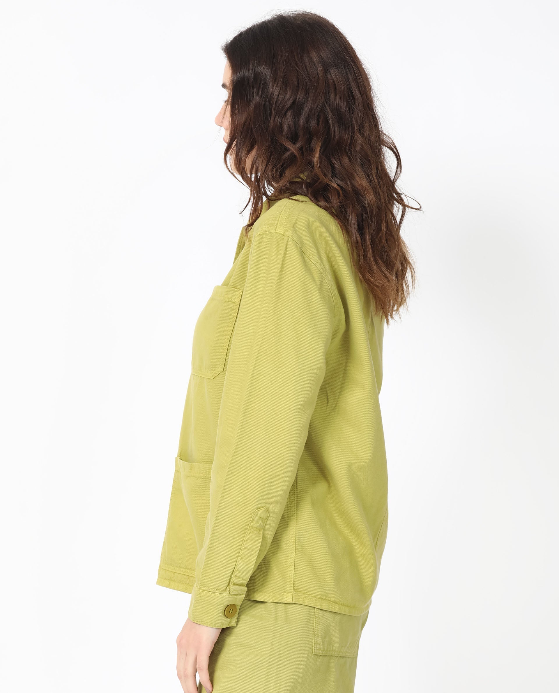 Rareism Women Genesis Flouroscent Green Tencel Fabric Full Sleeves Solid Shirt Collar Jacket