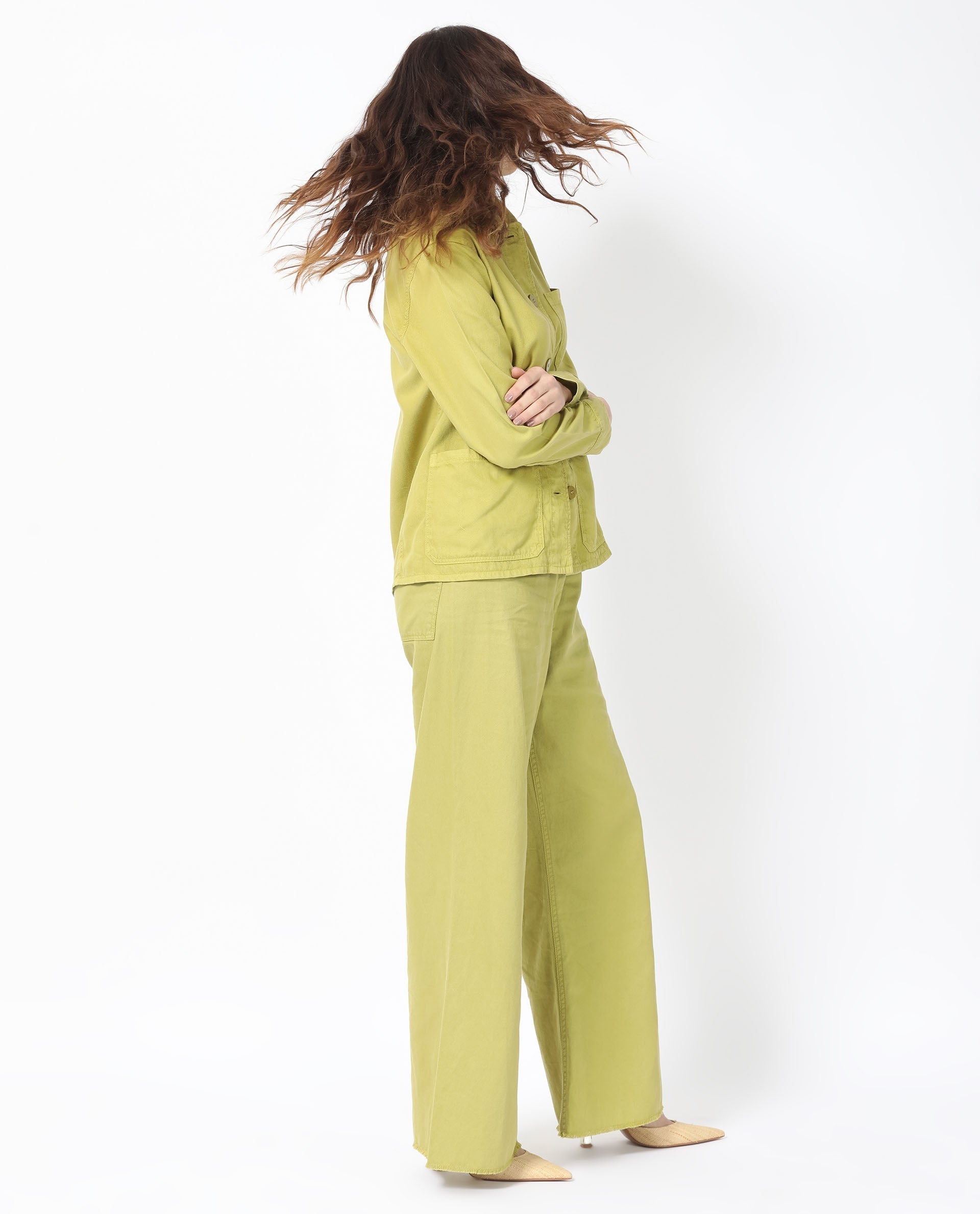 Rareism Women Genesis Flouroscent Green Tencel Fabric Full Sleeves Solid Shirt Collar Jacket