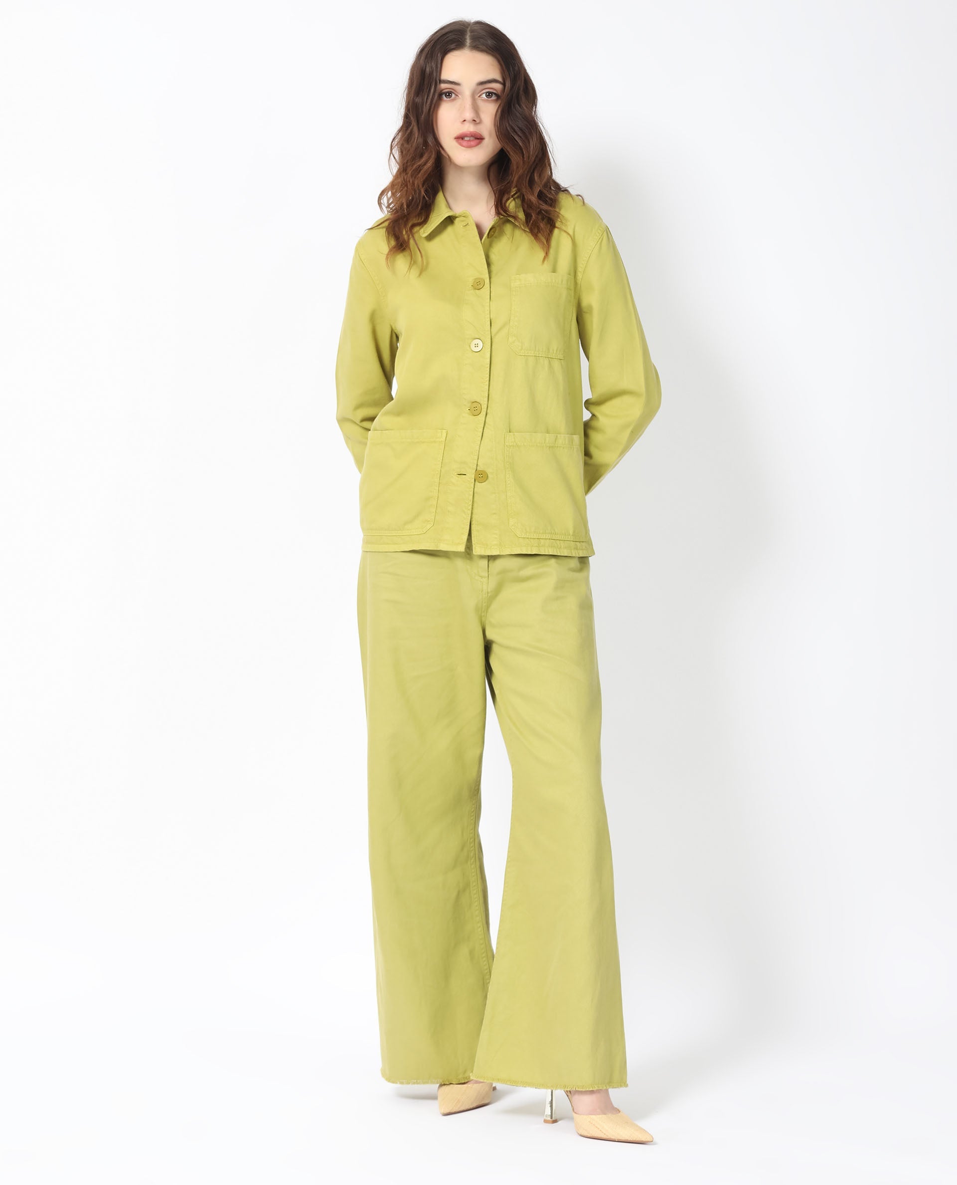 Rareism Women Genesis Flouroscent Green Tencel Fabric Full Sleeves Solid Shirt Collar Jacket