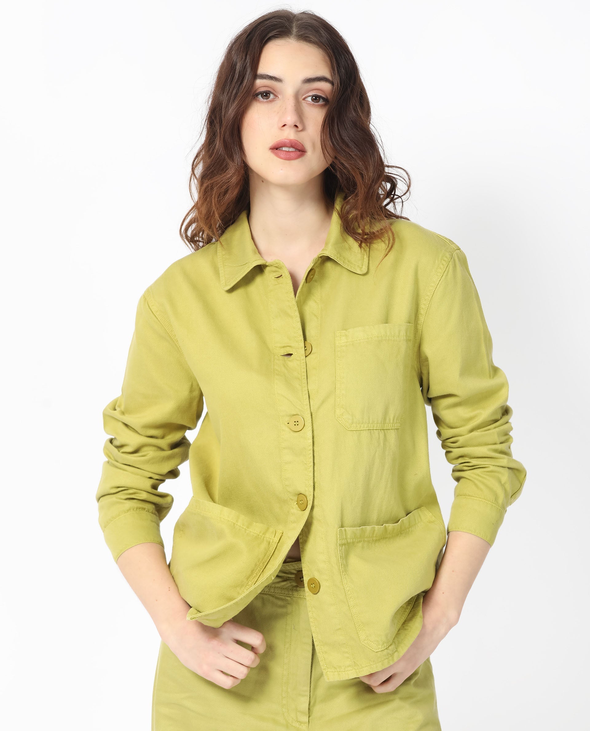 Rareism Women Genesis Flouroscent Green Tencel Fabric Full Sleeves Solid Shirt Collar Jacket