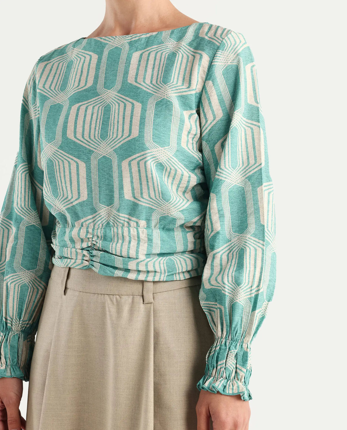 Rareism Women's Geonao Green Nylon Blend Crew Neck Geometric Print Bishop Sleeve Crop Regular Fit Top