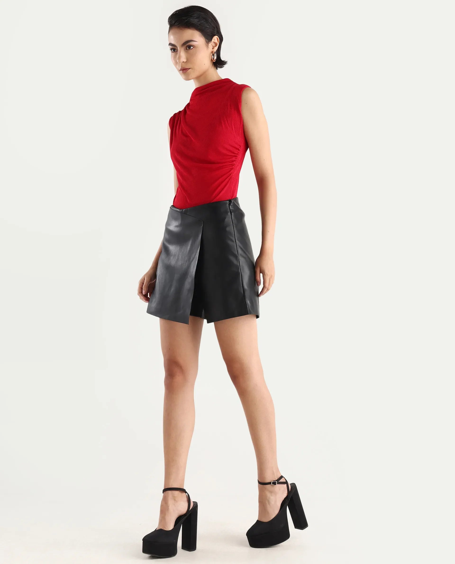 Rareism Women's Gerro Black Polyester Plain Mini Regular Fit Skirt