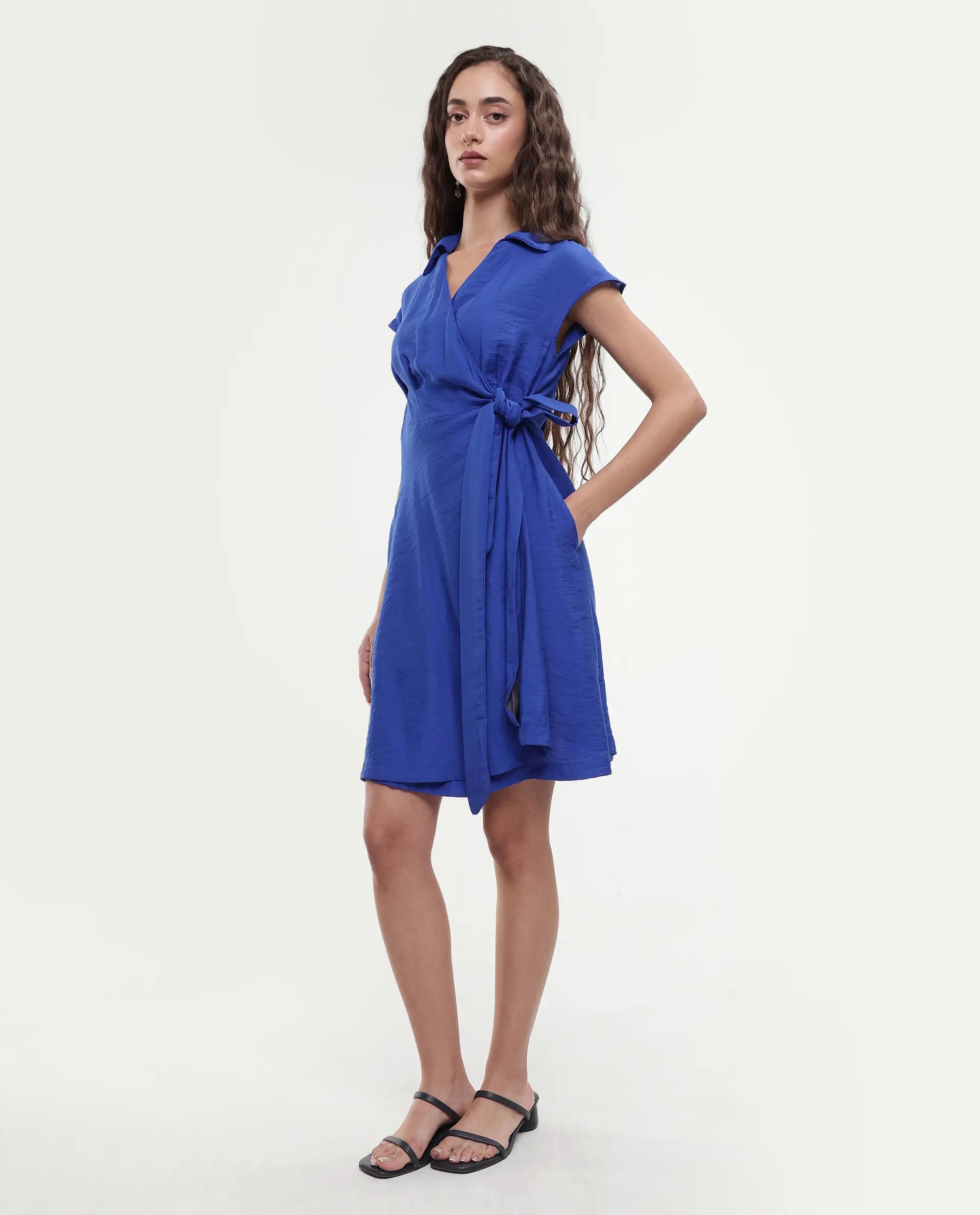 Rareism Women's Gesto Blue Viscose Blend Drop Collar Plain Extended Sleeves Mini Regular Fit Dress