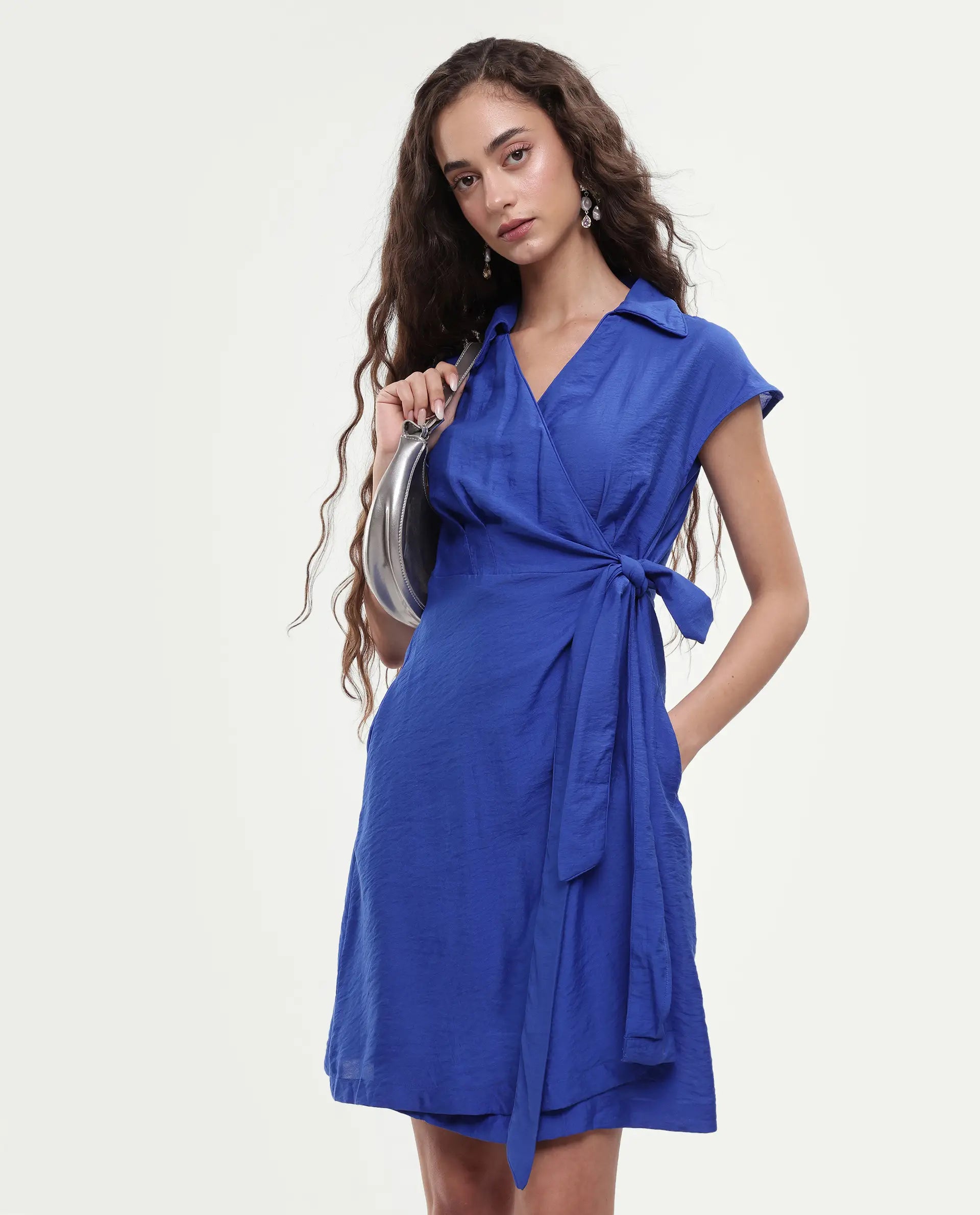 Rareism Women's Gesto Blue Viscose Blend Drop Collar Plain Extended Sleeves Mini Regular Fit Dress