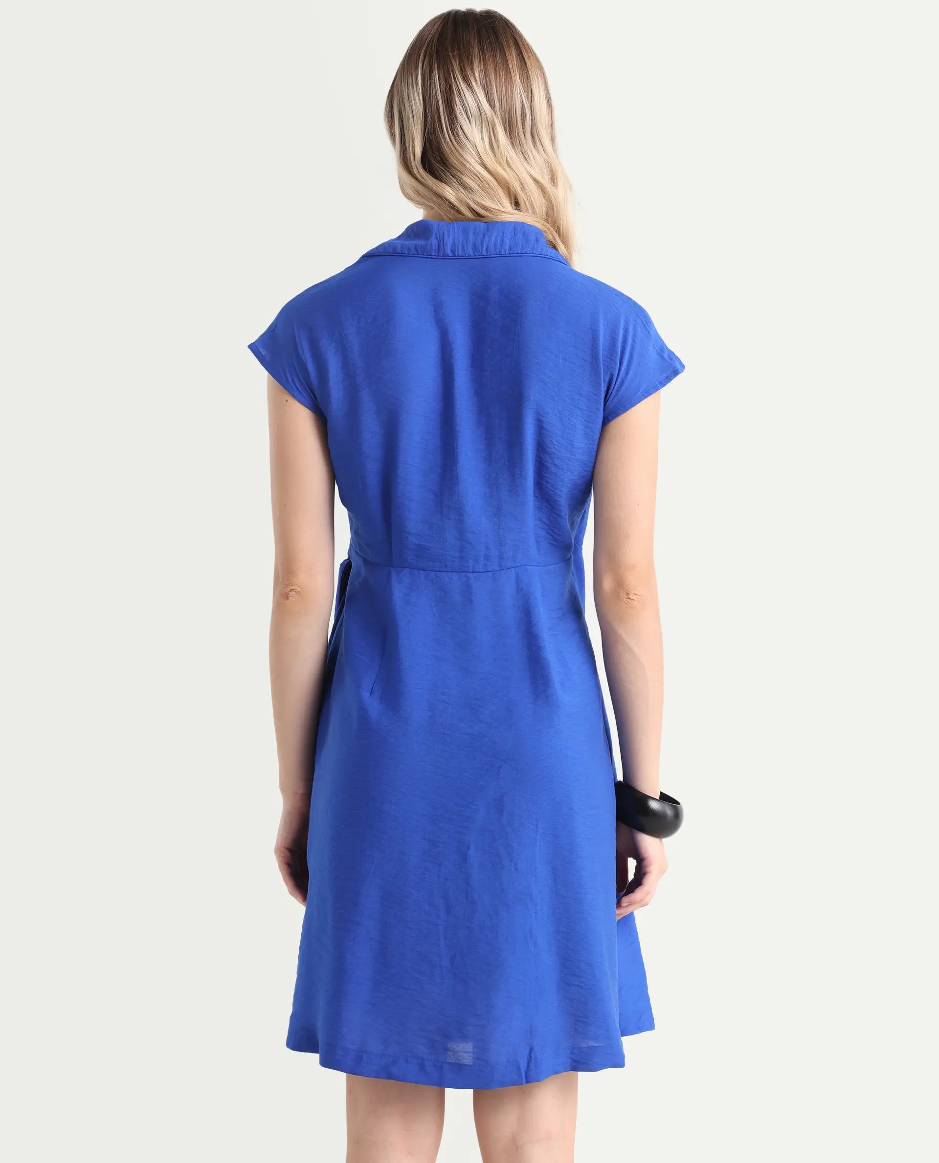 Rareism Women's Gesto Blue Viscose Blend Drop Collar Plain Extended Sleeves Mini Regular Fit Dress