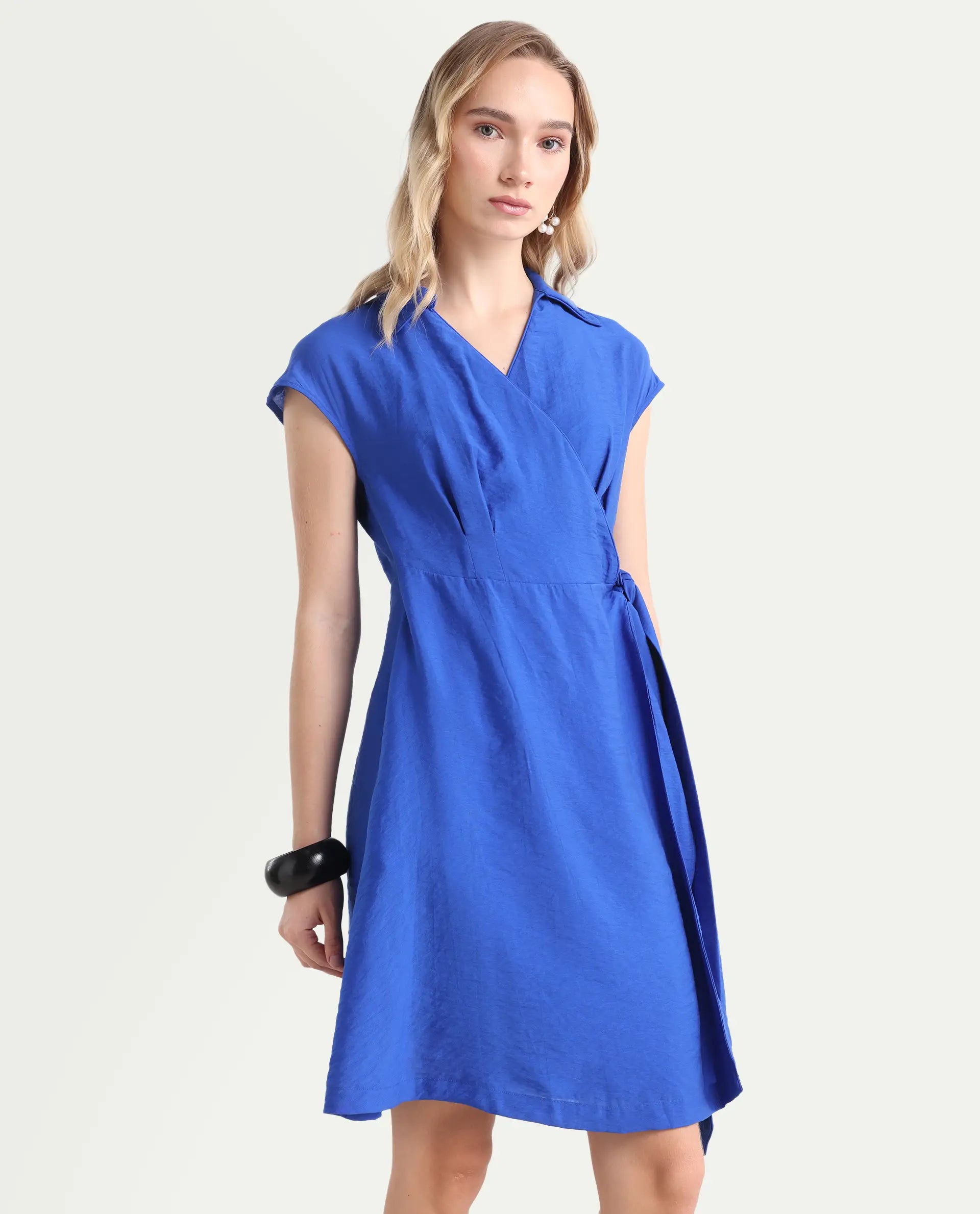Rareism Women's Gesto Blue Viscose Blend Drop Collar Plain Extended Sleeves Mini Regular Fit Dress