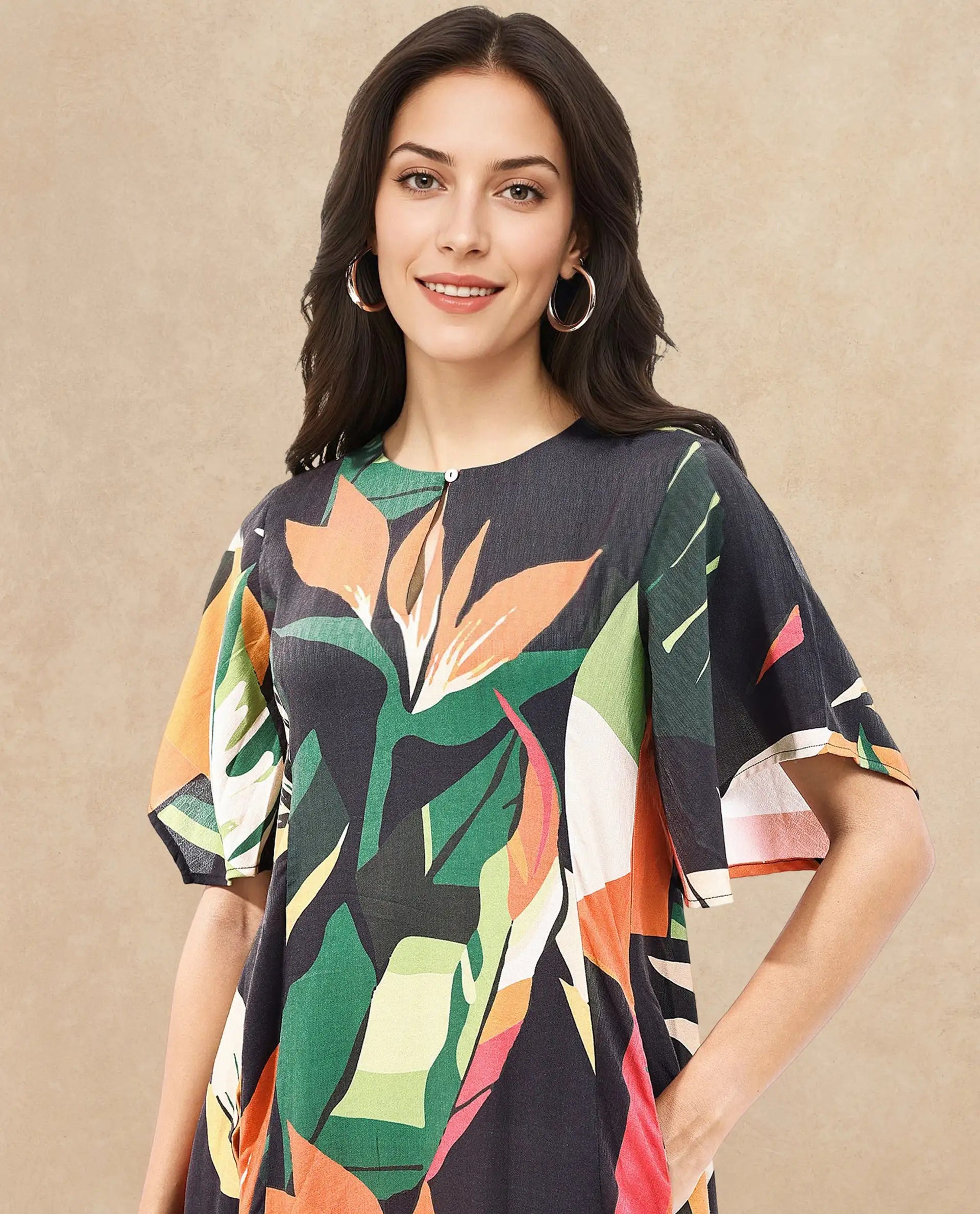 Rareism Women's Gesto Multi Viscose Blend V-Neck Abstract Print Midi Balloon Dress