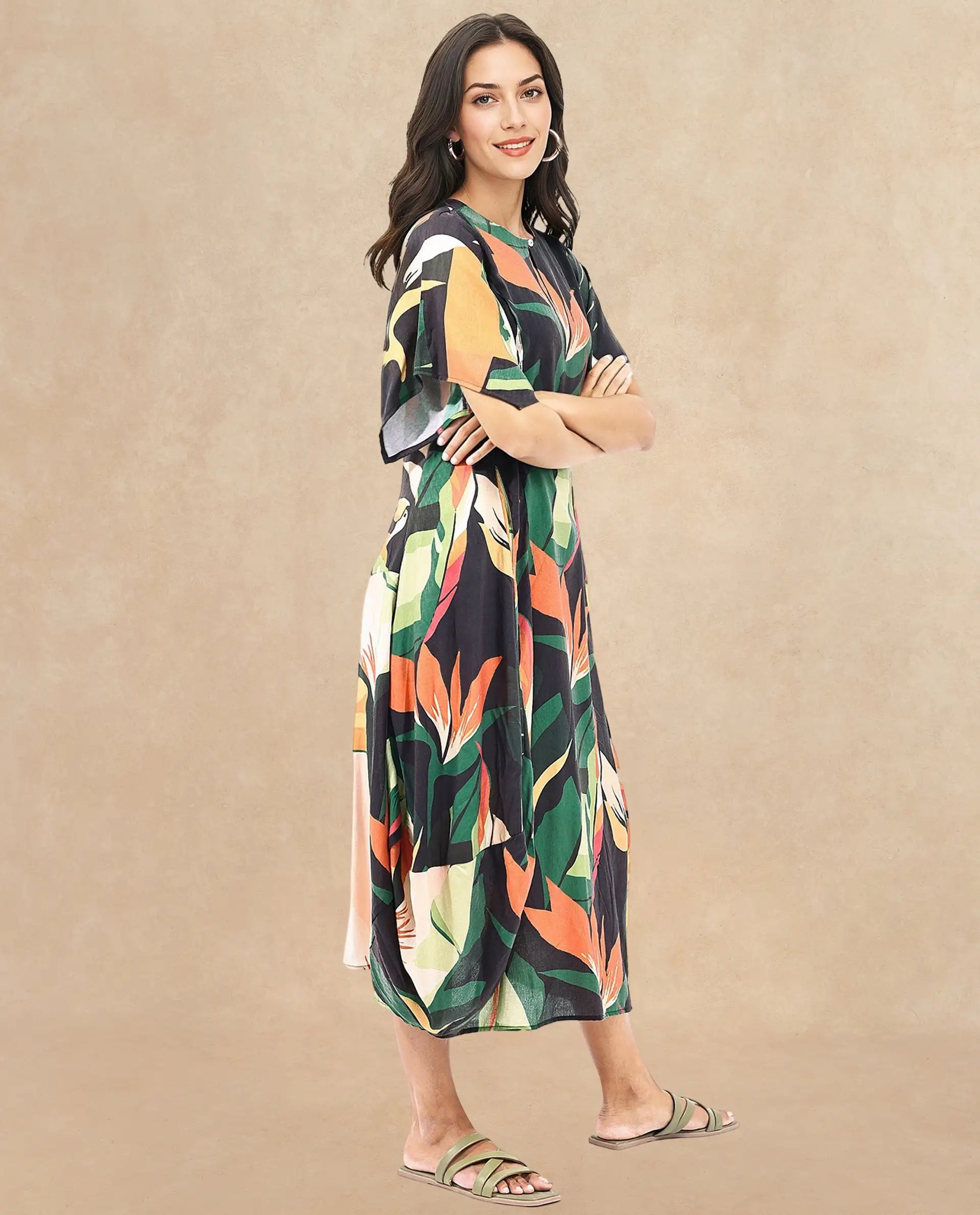 Rareism Women's Gesto Multi Viscose Blend V-Neck Abstract Print Midi Balloon Dress