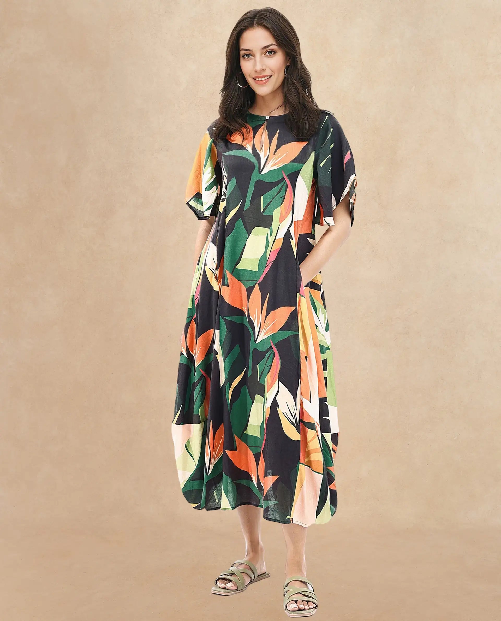 Rareism Women's Gesto Multi Viscose Blend V-Neck Abstract Print Midi Balloon Dress