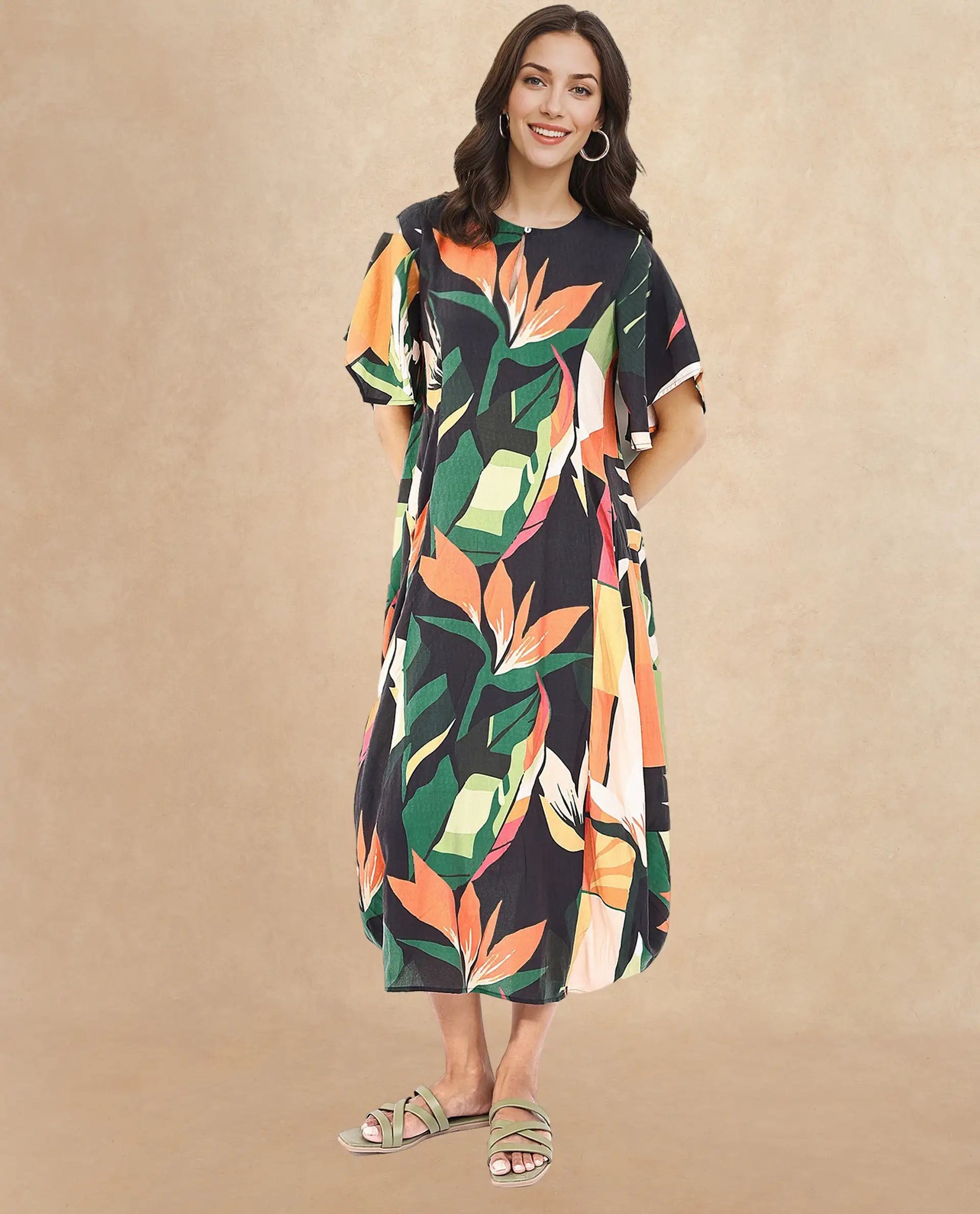 Rareism Women's Gesto Multi Viscose Blend V-Neck Abstract Print Midi Balloon Dress
