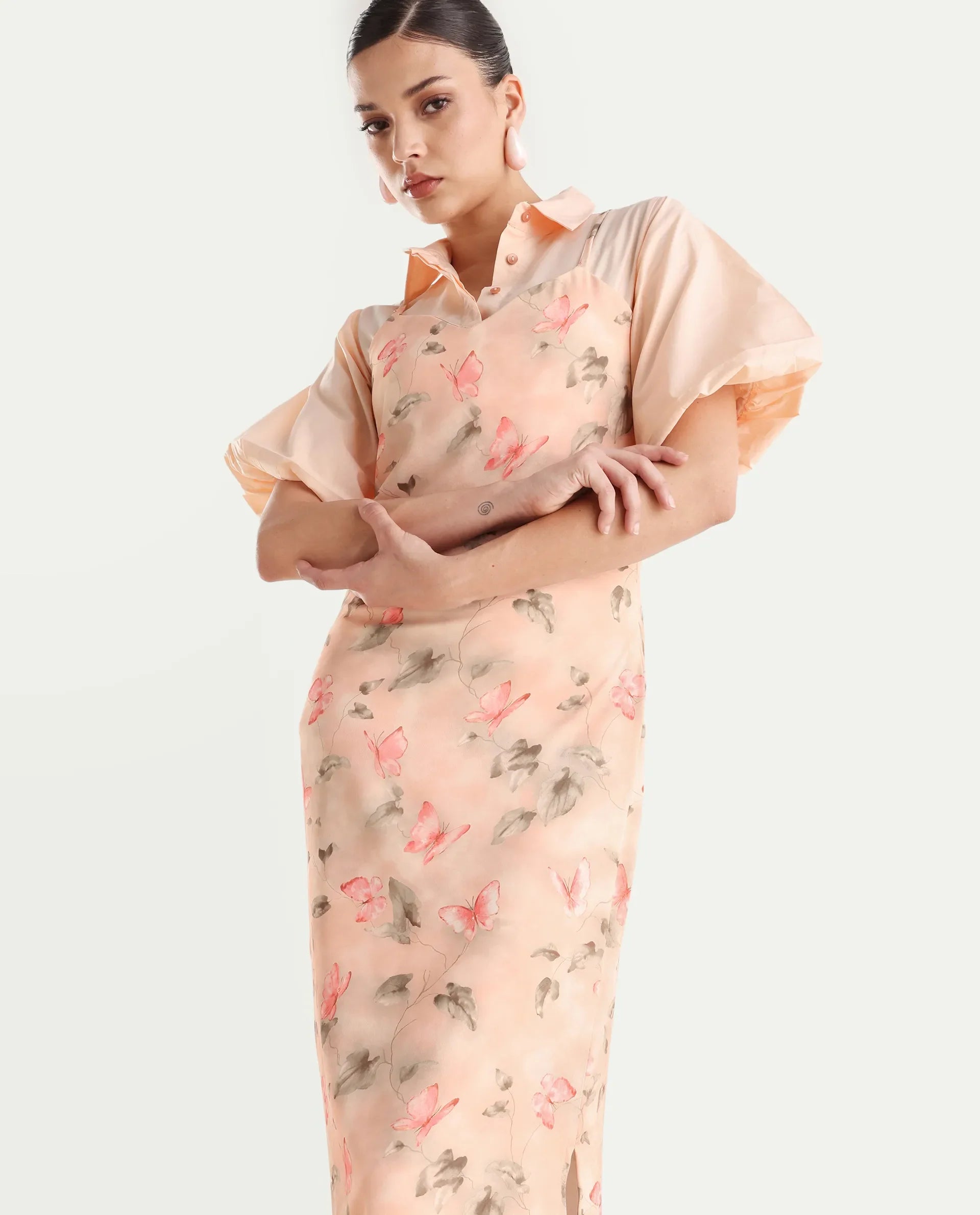 Rareism Women's Gha Beige Cotton Spread Collar Object Print Cuffed Sleeve Midi Straight Fit Dress