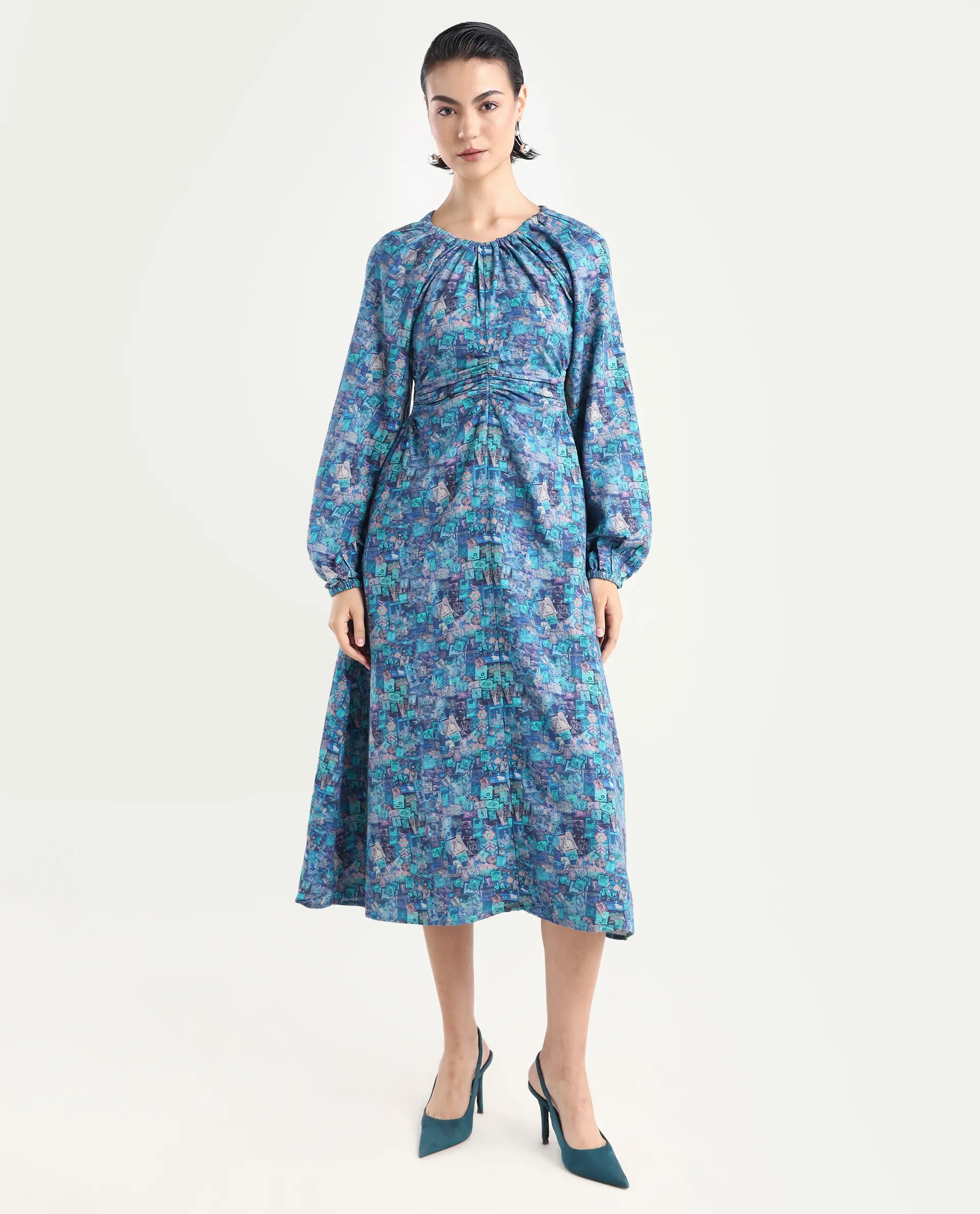 Rareism Women's Gilf Blue Rayon Blend Crew Neck Object Print Puff Sleeves Maxi A-Line Dress