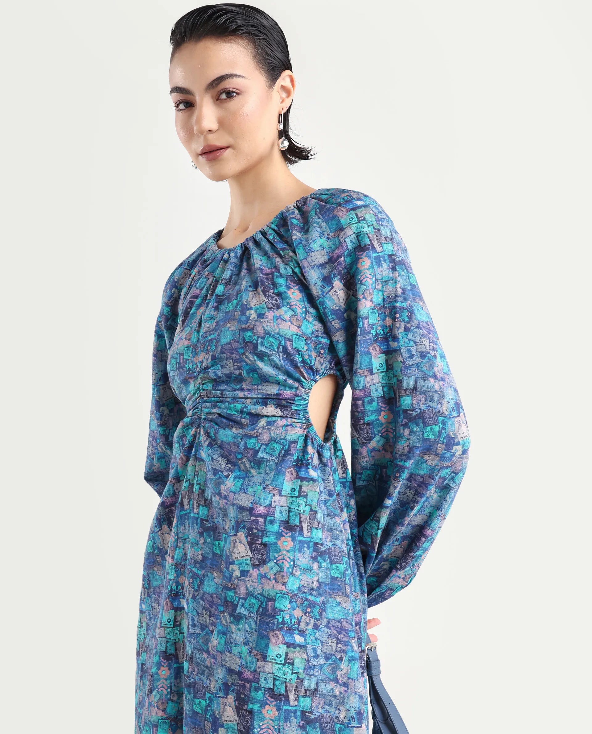 Rareism Women's Gilf Blue Rayon Blend Crew Neck Object Print Puff Sleeves Maxi A-Line Dress