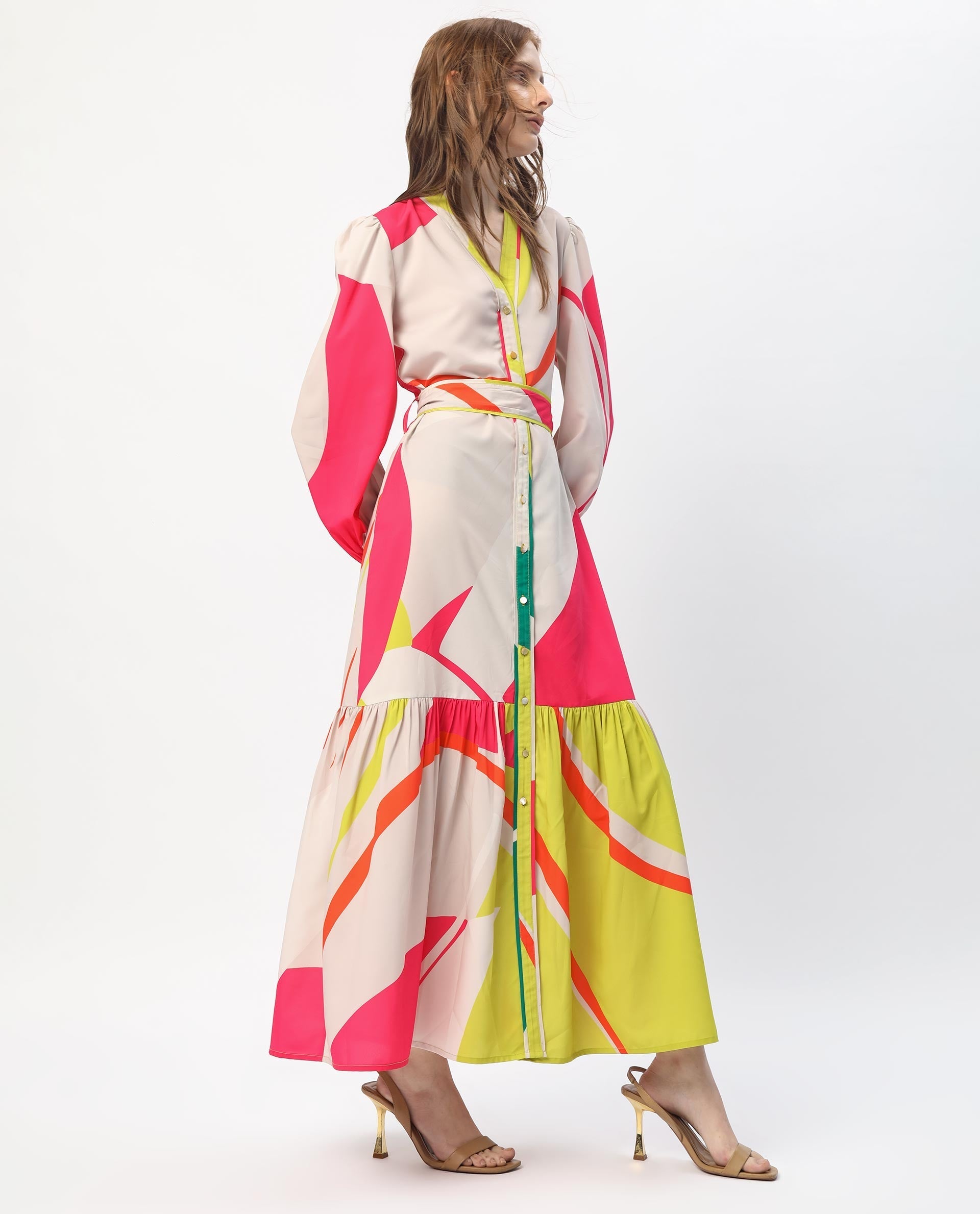 Rareism Women's Gini Light Beige Polyester V-Neck Abstract Print Balloon Sleeve Maxi Regular Fit Dress