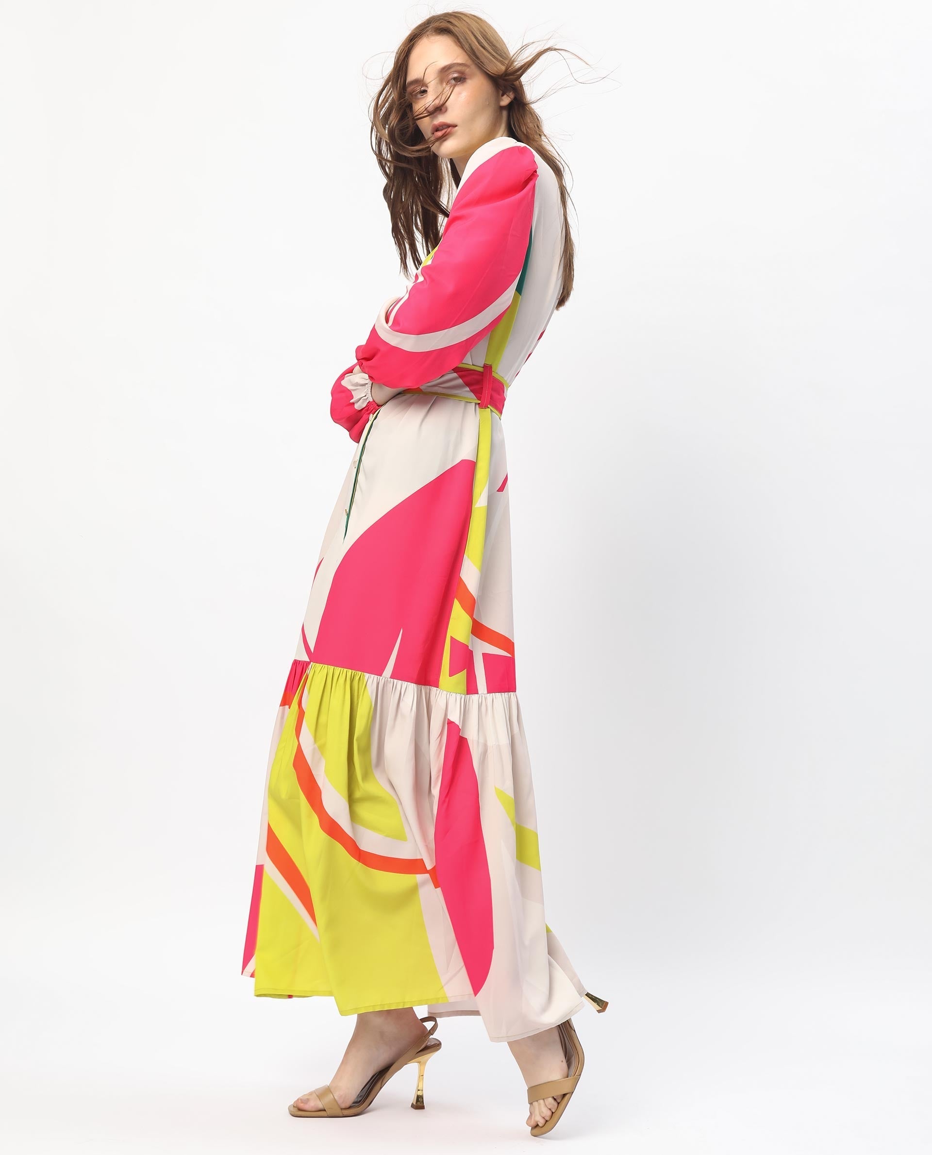 Rareism Women's Gini Light Beige Polyester V-Neck Abstract Print Balloon Sleeve Maxi Regular Fit Dress