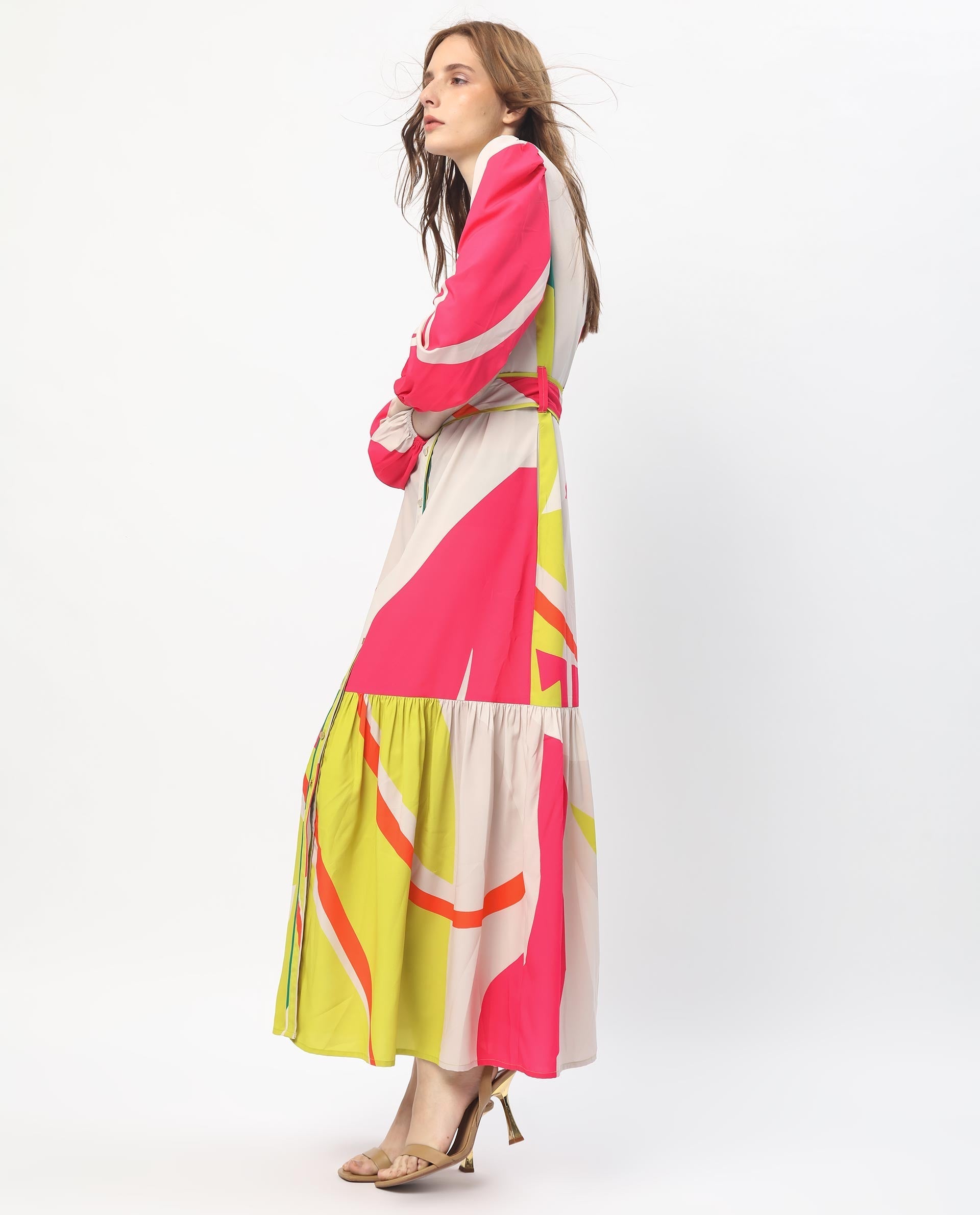 Rareism Women's Gini Light Beige Polyester V-Neck Abstract Print Balloon Sleeve Maxi Regular Fit Dress
