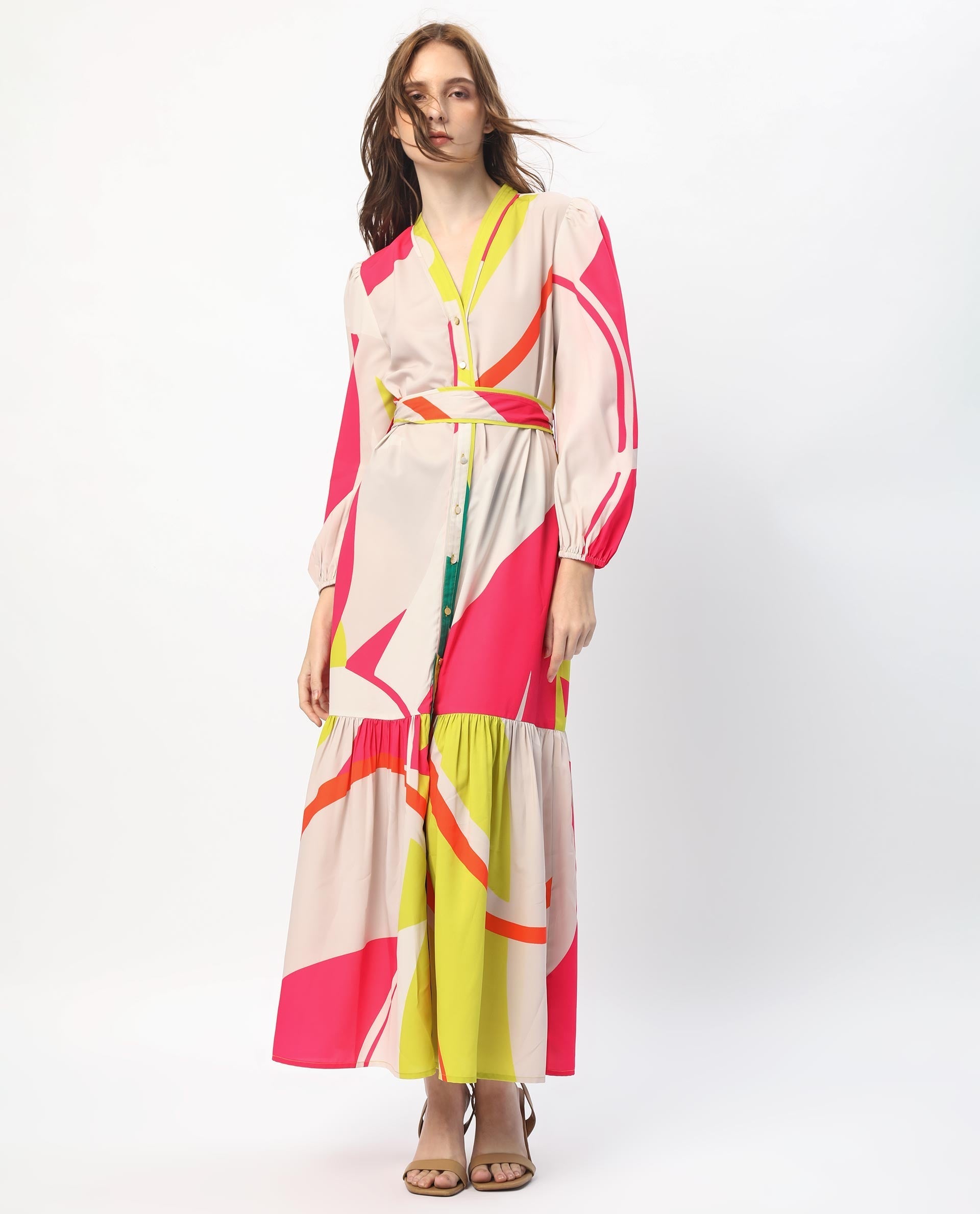 Rareism Women's Gini Light Beige Polyester V-Neck Abstract Print Balloon Sleeve Maxi Regular Fit Dress