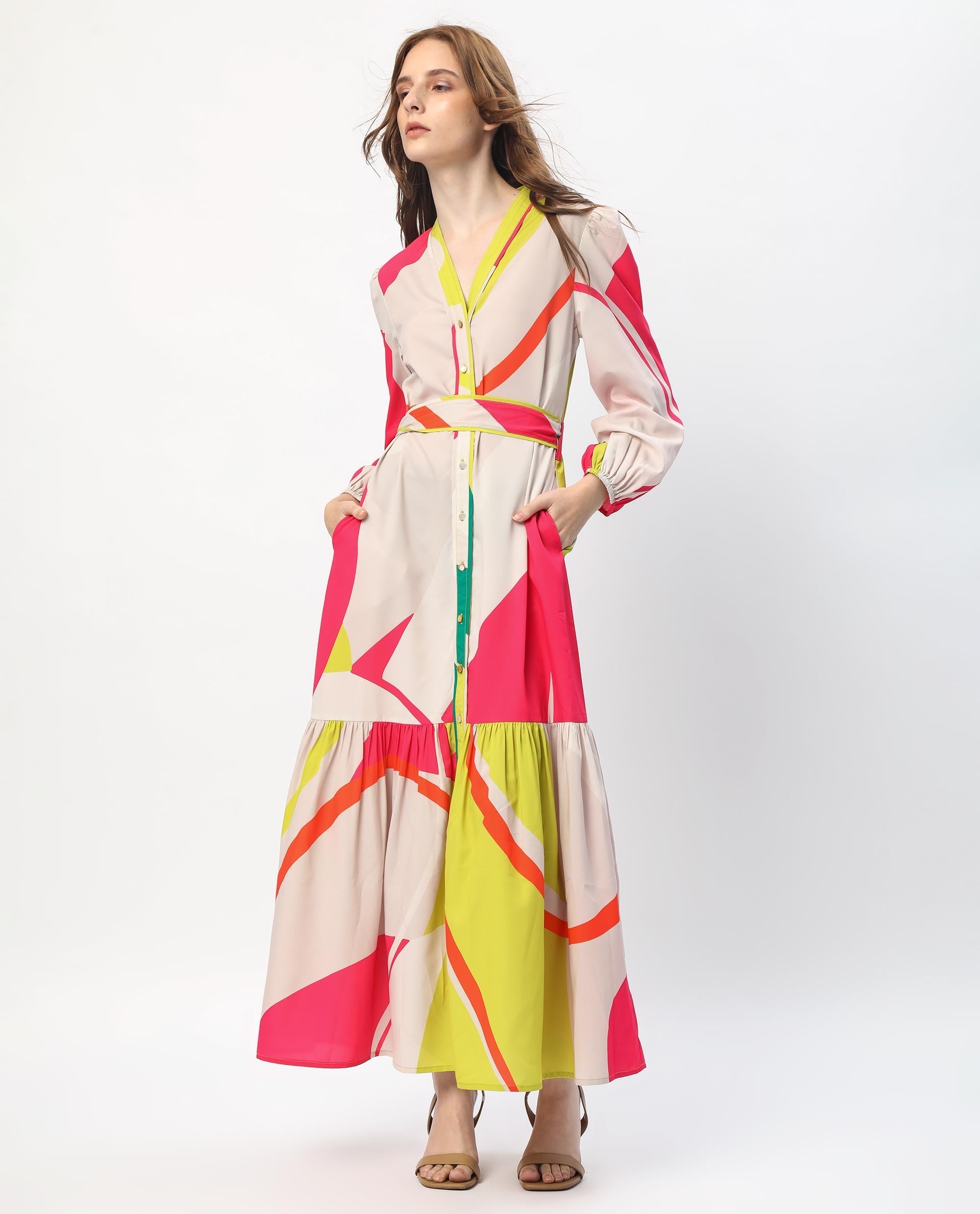 Rareism Women's Gini Light Beige Polyester V-Neck Abstract Print Balloon Sleeve Maxi Regular Fit Dress