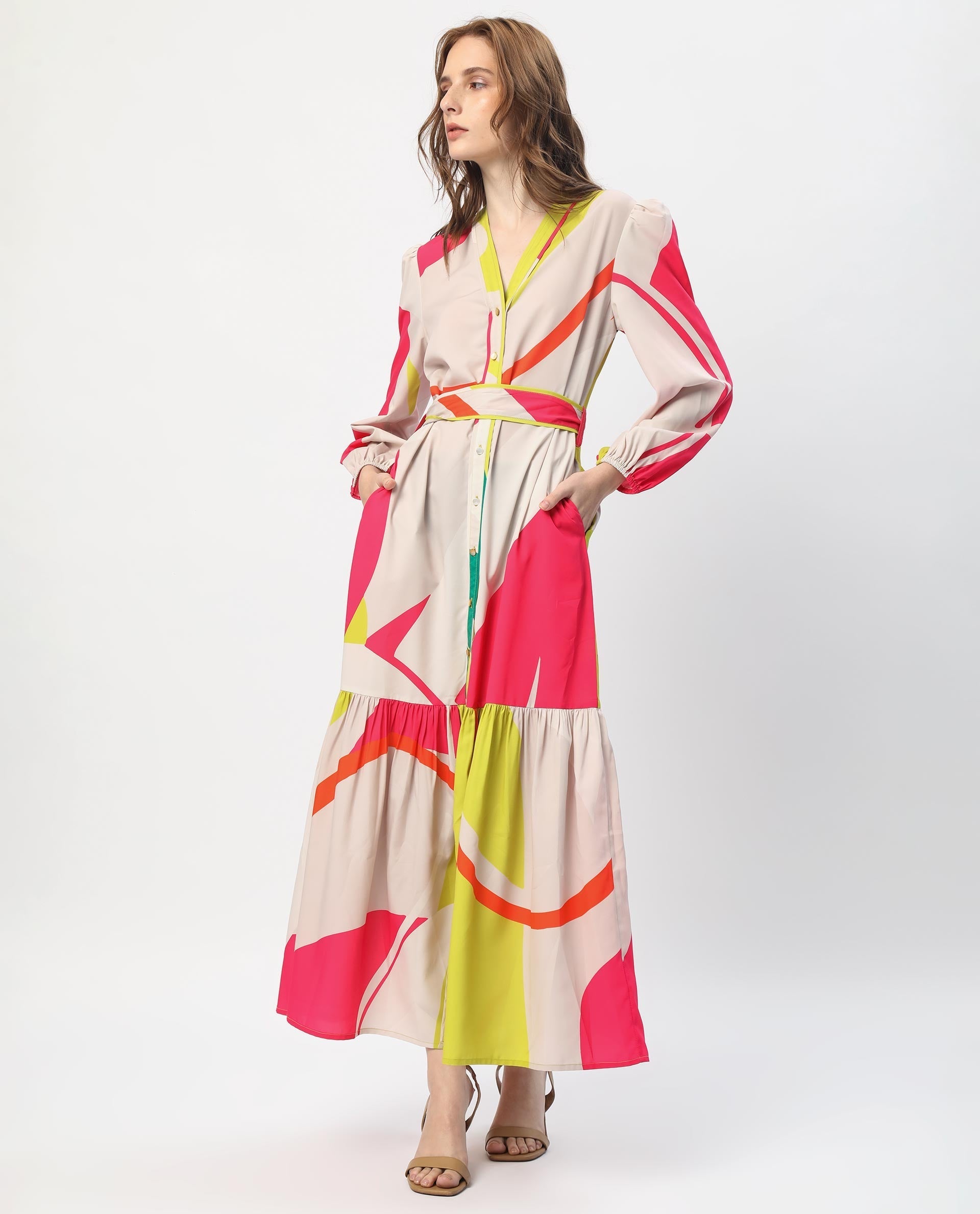 Rareism Women's Gini Light Beige Polyester V-Neck Abstract Print Balloon Sleeve Maxi Regular Fit Dress