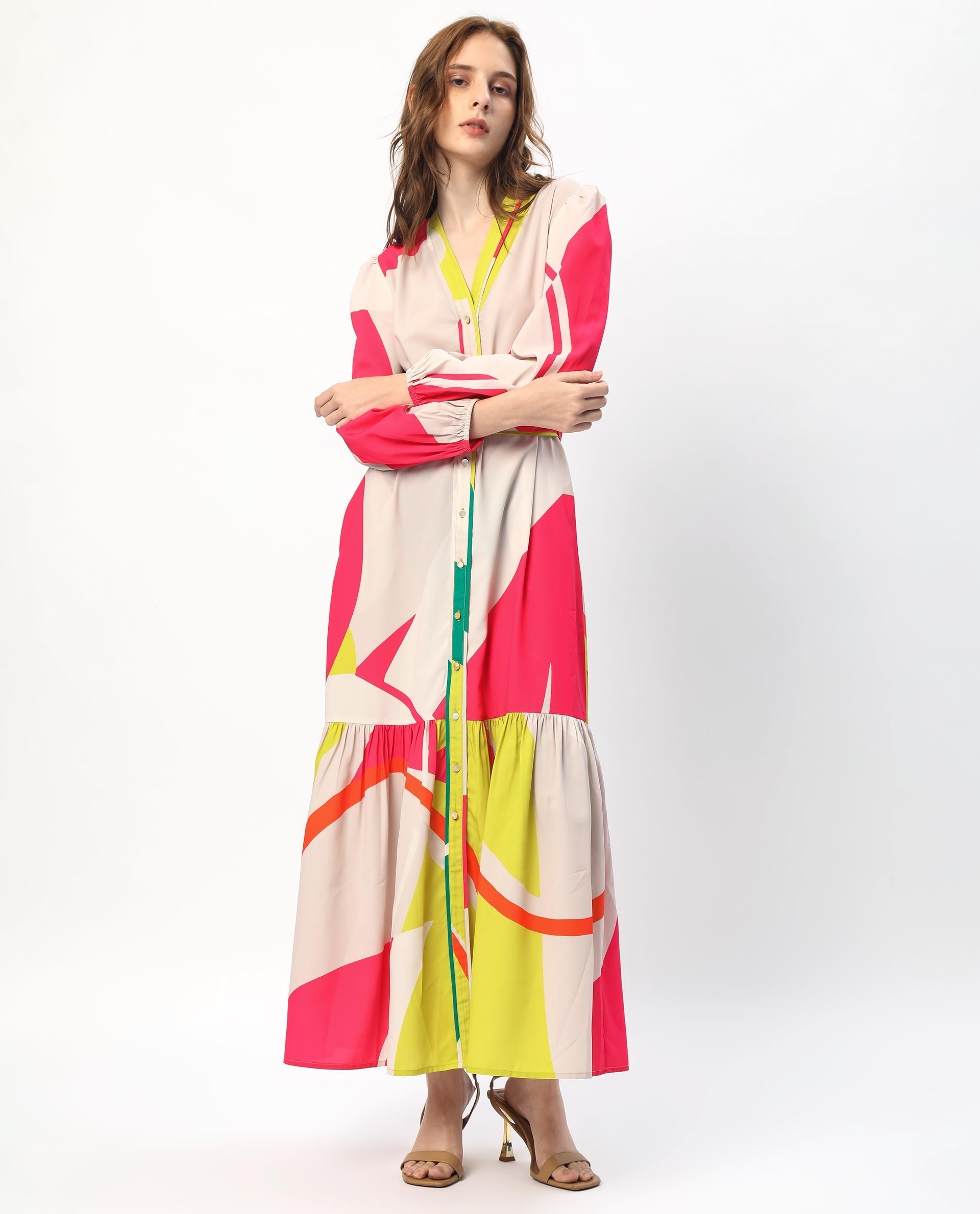 Rareism Women's Gini Light Beige Polyester V-Neck Abstract Print Balloon Sleeve Maxi Regular Fit Dress