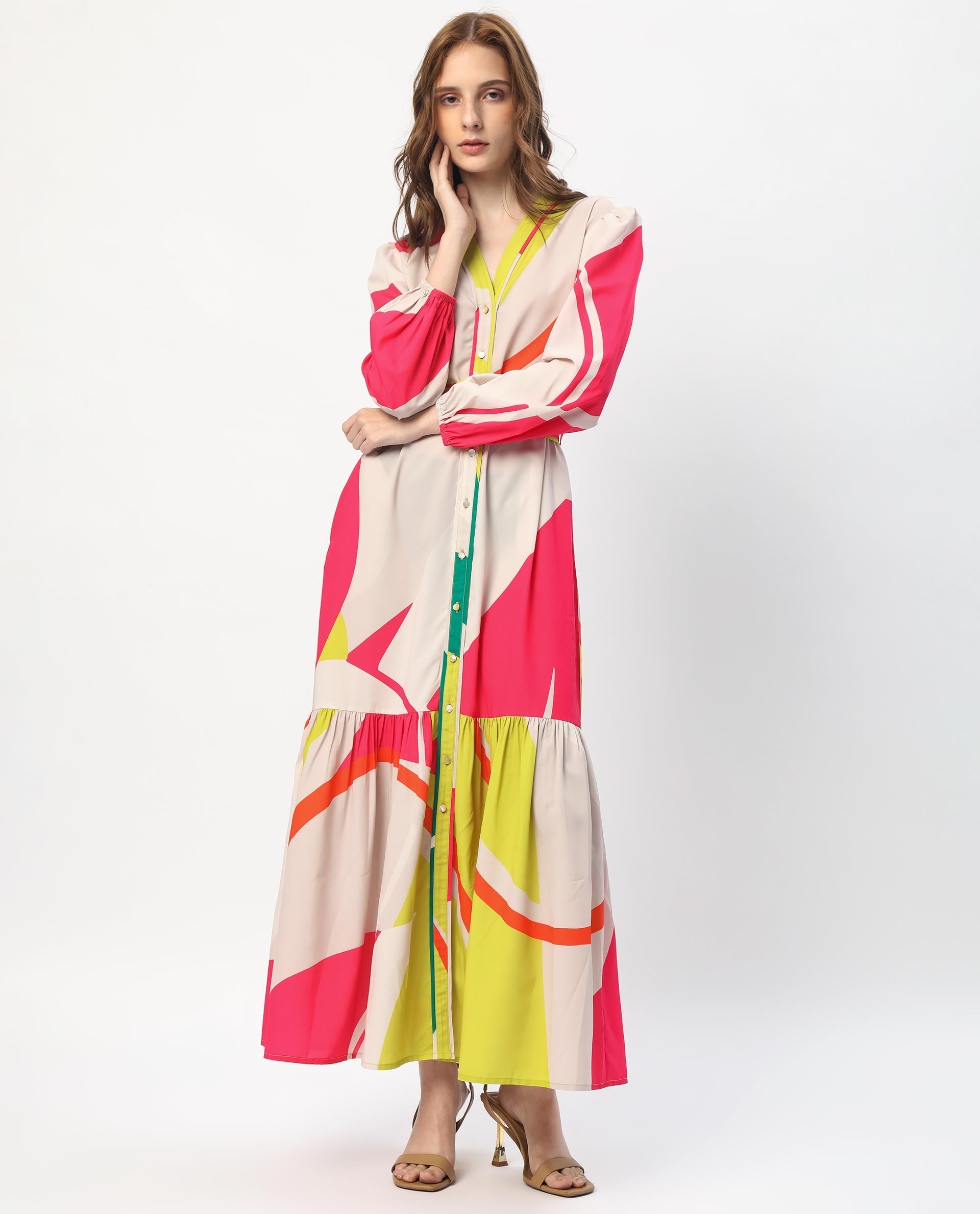 Rareism Women's Gini Light Beige Polyester V-Neck Abstract Print Balloon Sleeve Maxi Regular Fit Dress