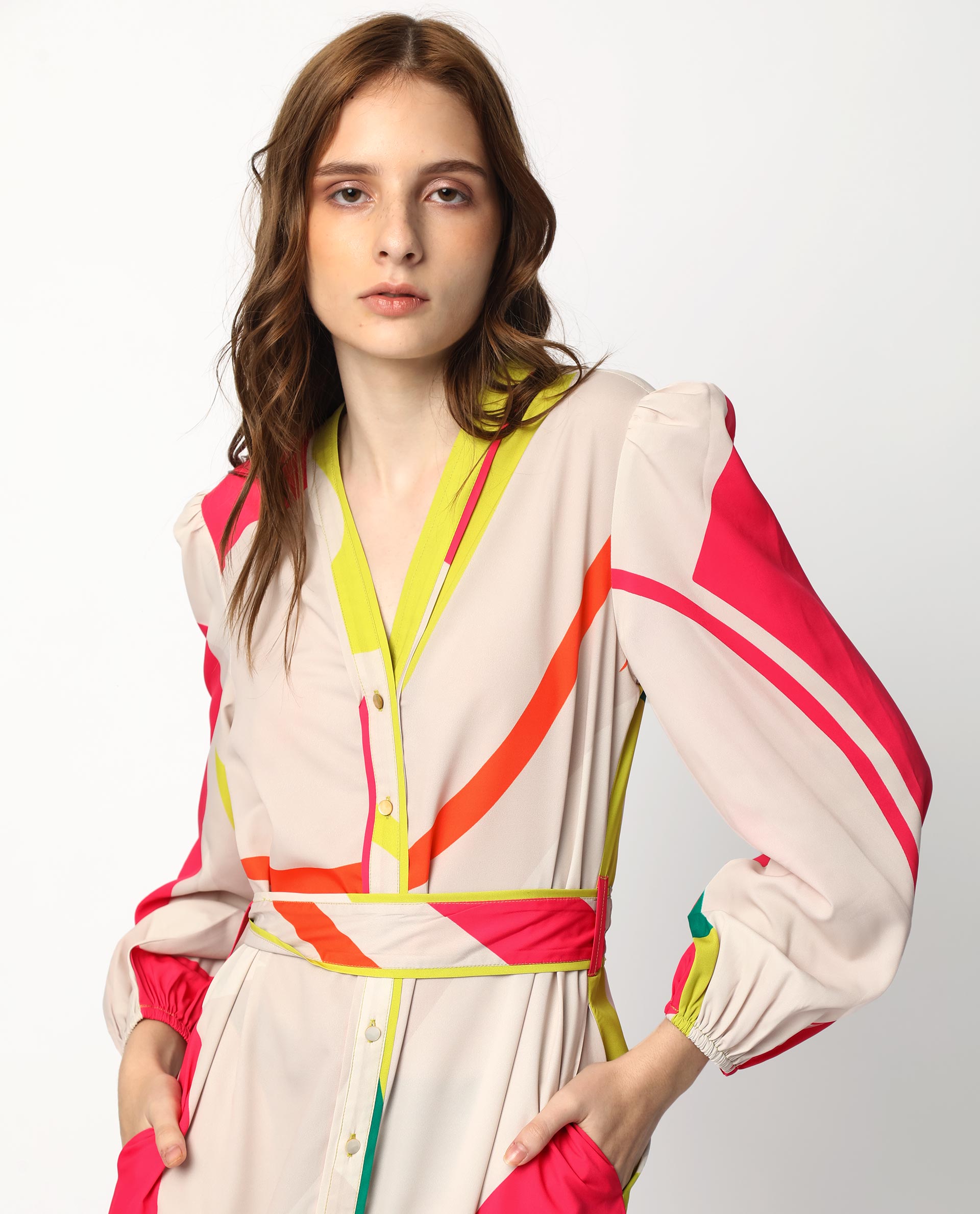 Rareism Women's Gini Light Beige Polyester V-Neck Abstract Print Balloon Sleeve Maxi Regular Fit Dress