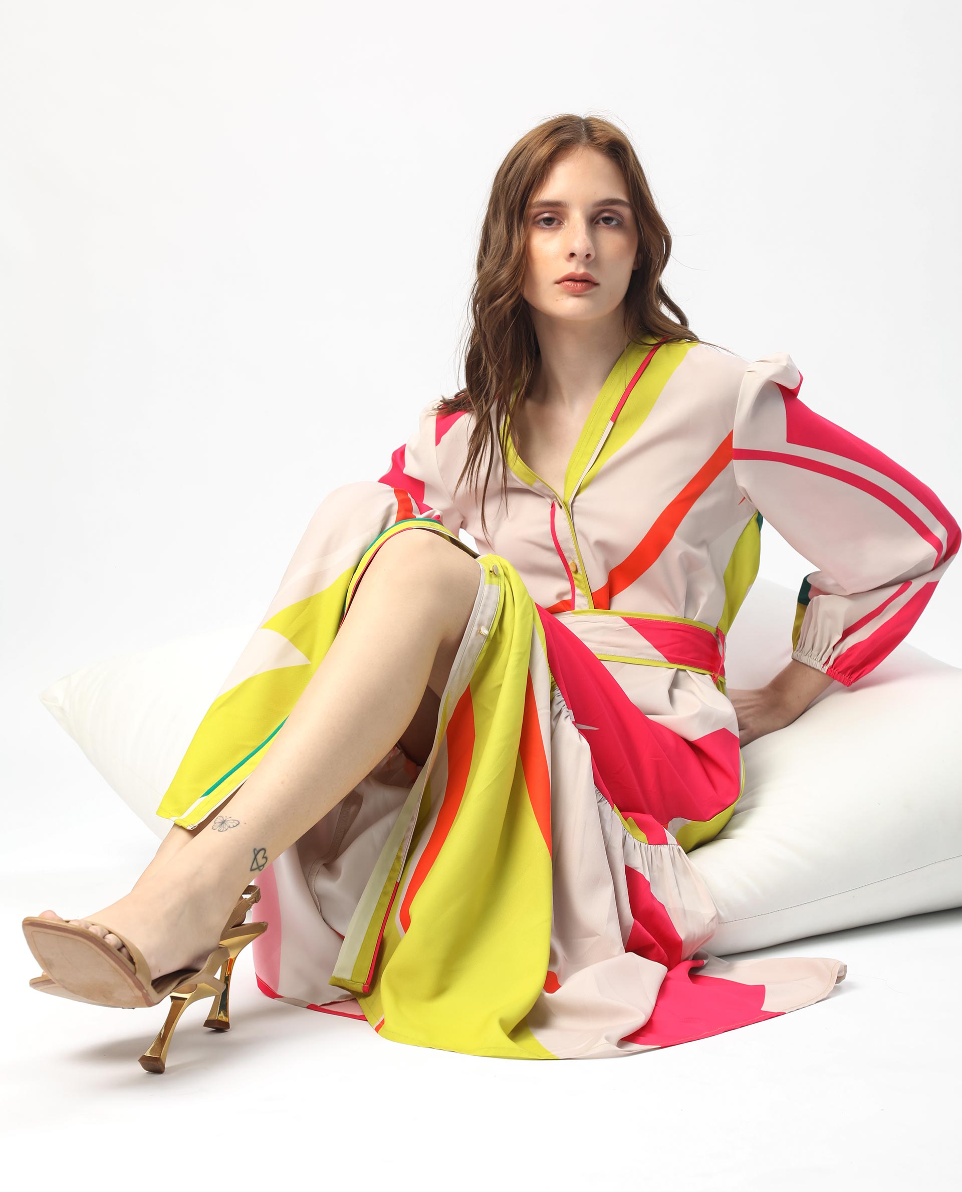 Rareism Women's Gini Light Beige Polyester V-Neck Abstract Print Balloon Sleeve Maxi Regular Fit Dress