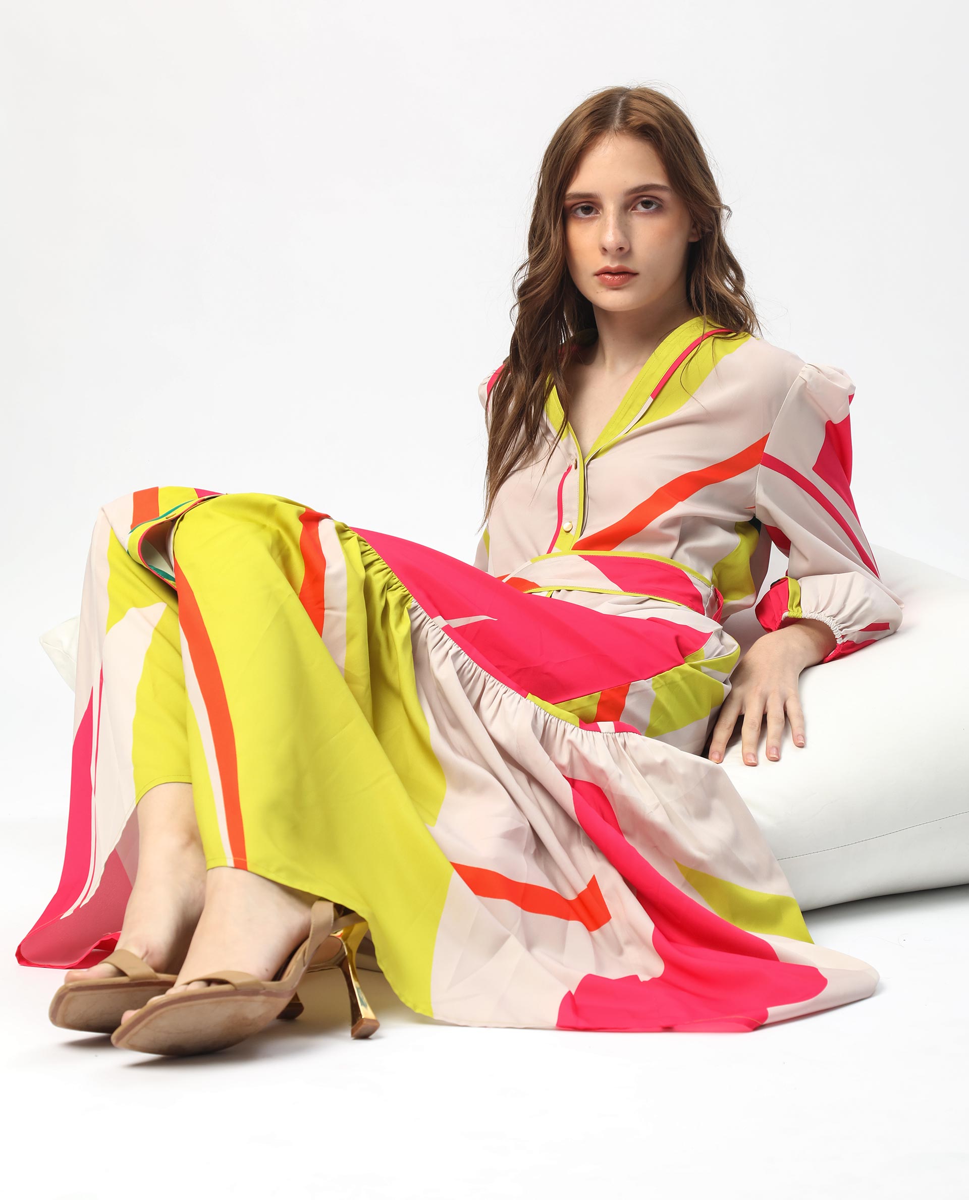Rareism Women's Gini Light Beige Polyester V-Neck Abstract Print Balloon Sleeve Maxi Regular Fit Dress
