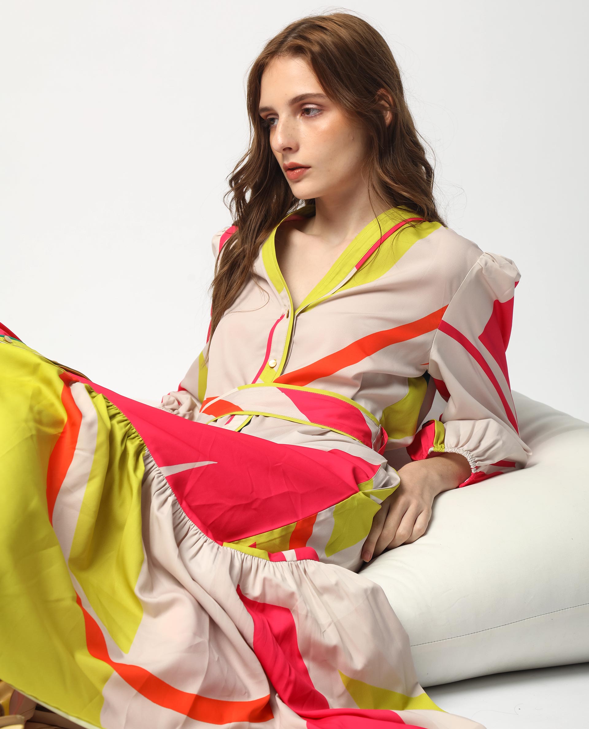 Rareism Women's Gini Light Beige Polyester V-Neck Abstract Print Balloon Sleeve Maxi Regular Fit Dress