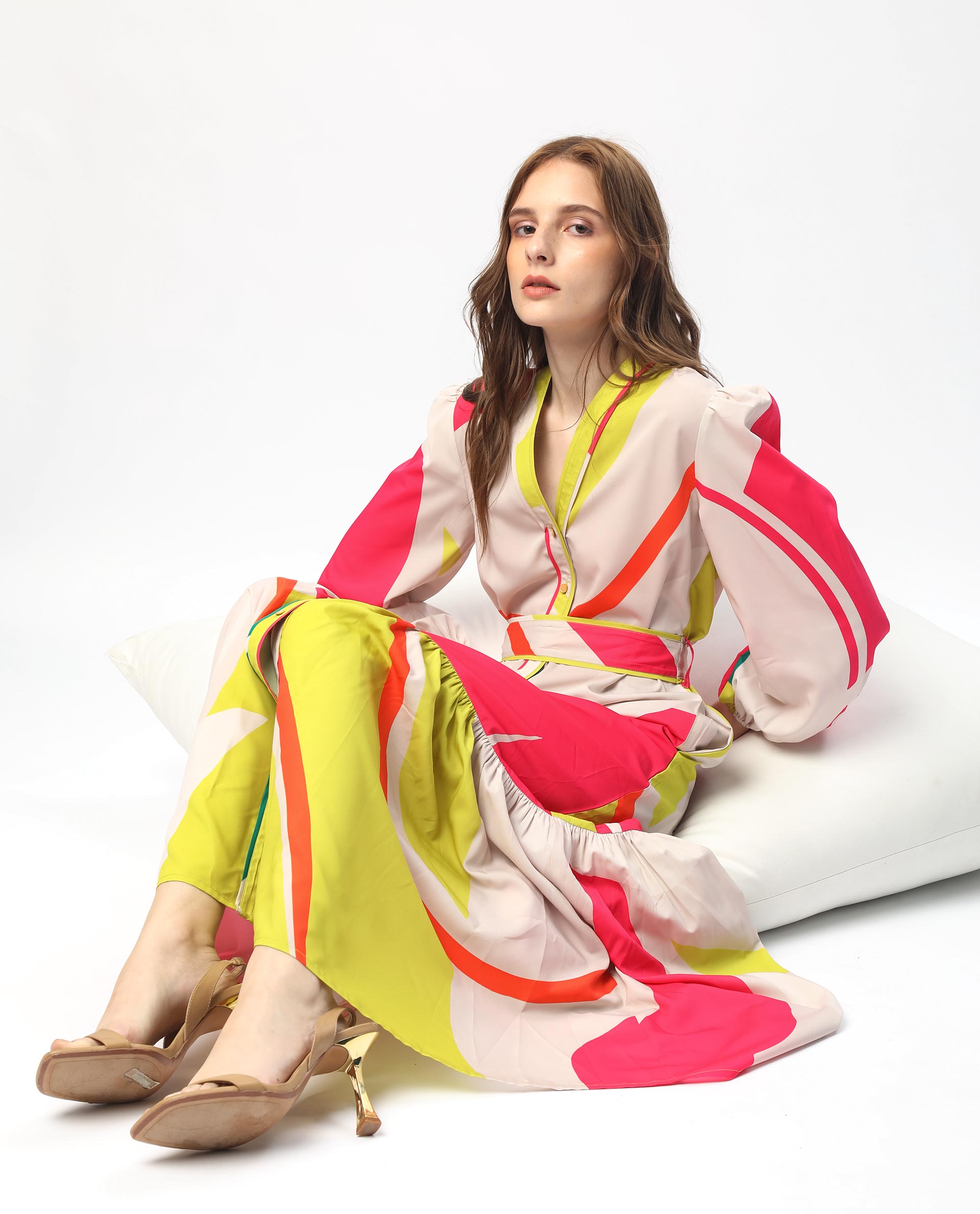 Rareism Women's Gini Light Beige Polyester V-Neck Abstract Print Balloon Sleeve Maxi Regular Fit Dress