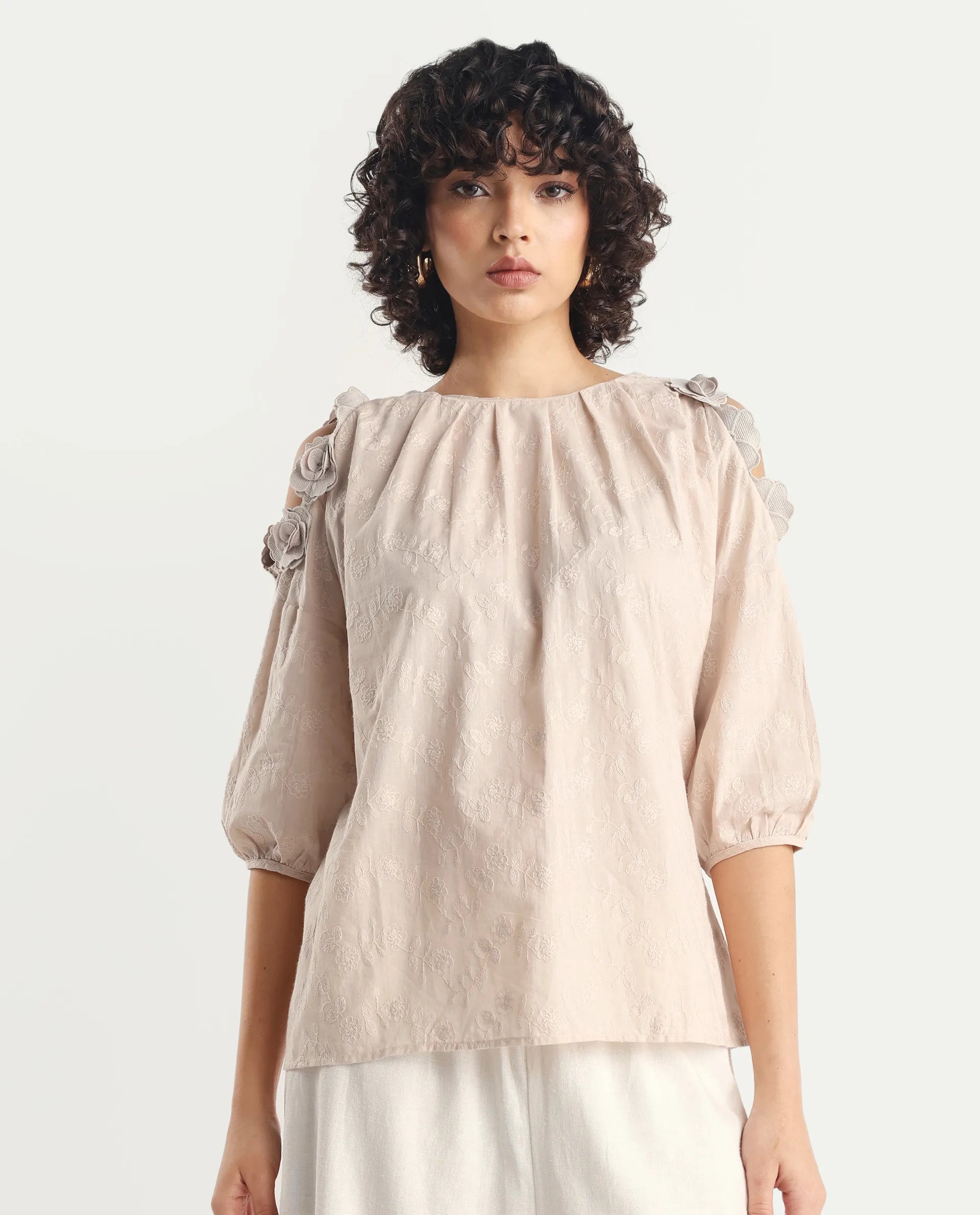 Rareism Women's Gips Beige Cotton Crew Neck Plain Balloon Sleeve Relaxed Fit Top