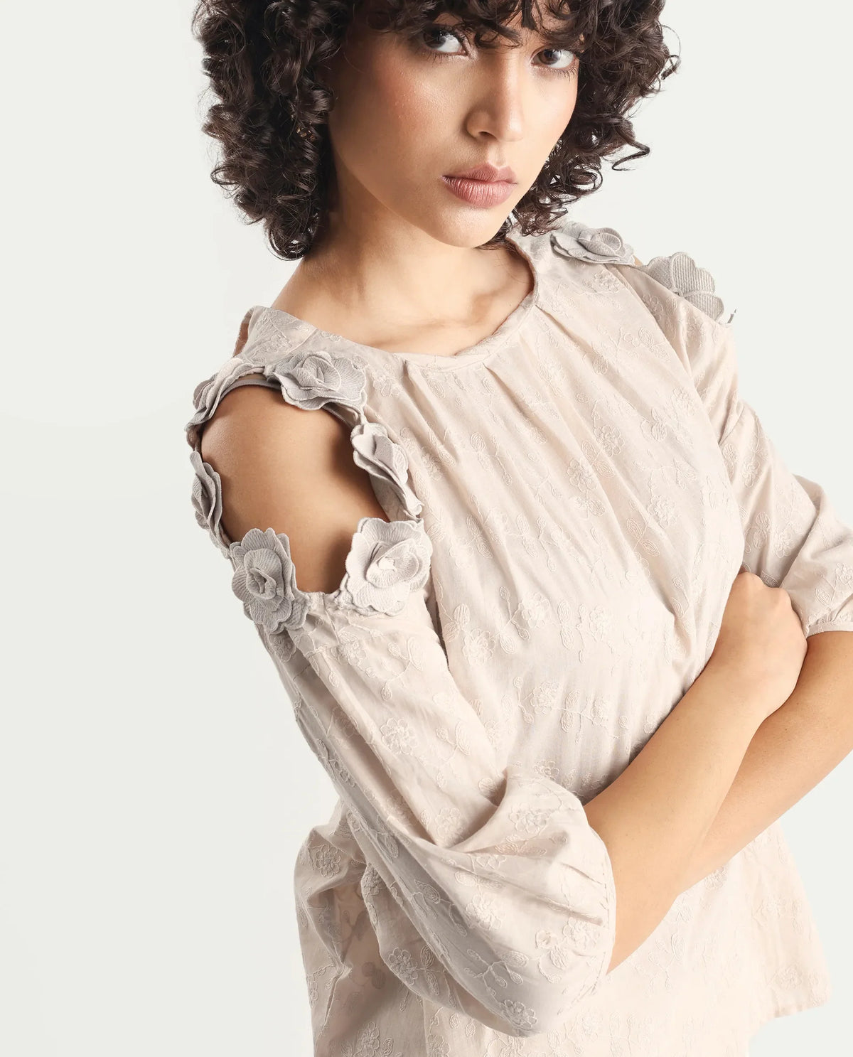 Rareism Women's Gips Beige Cotton Crew Neck Plain Balloon Sleeve Relaxed Fit Top