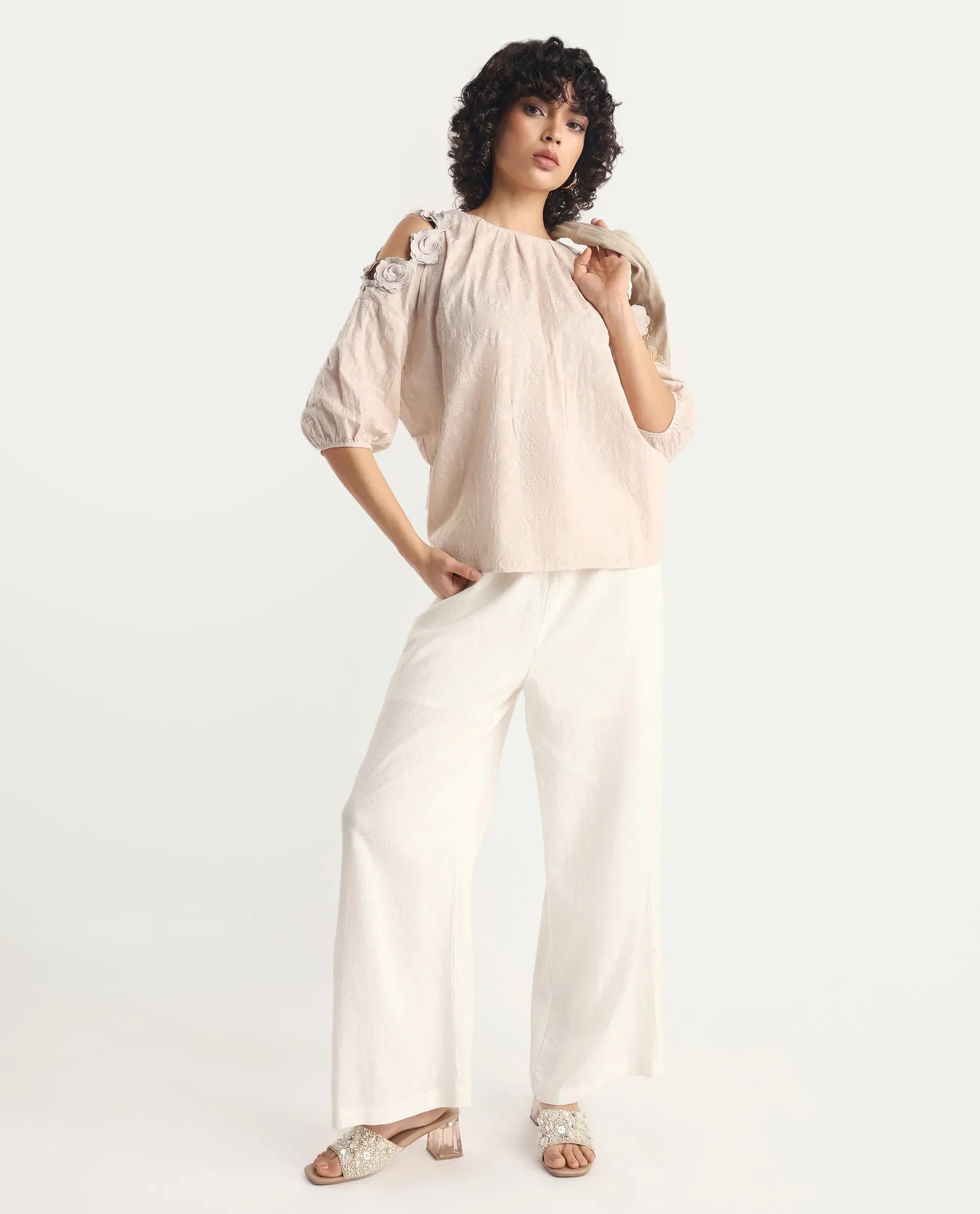Rareism Women's Gips Beige Cotton Crew Neck Plain Balloon Sleeve Relaxed Fit Top