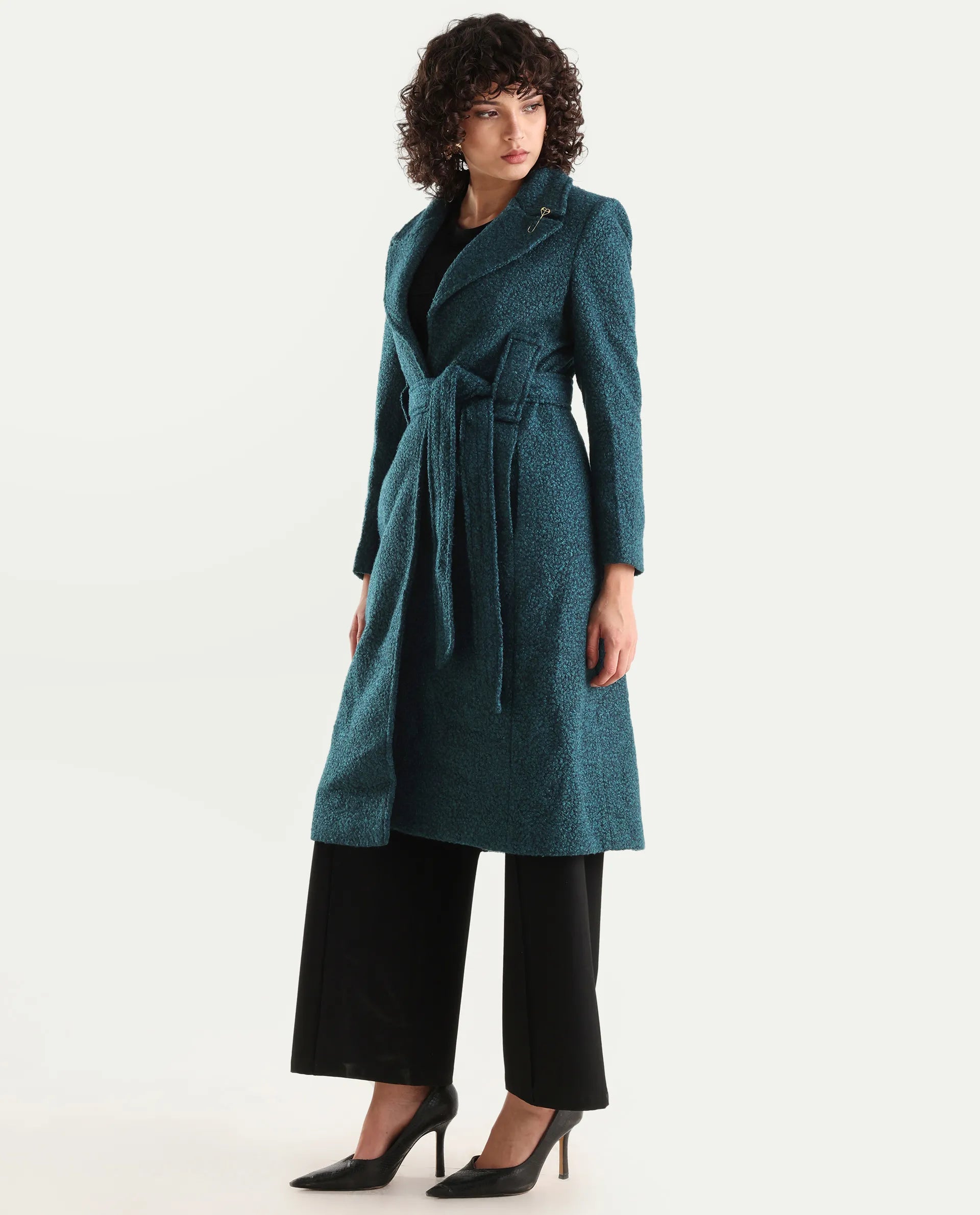 Rareism Women's Gisbor Teal Cotton Blend Lapel Neck Plain Midi Regular Fit Jacket